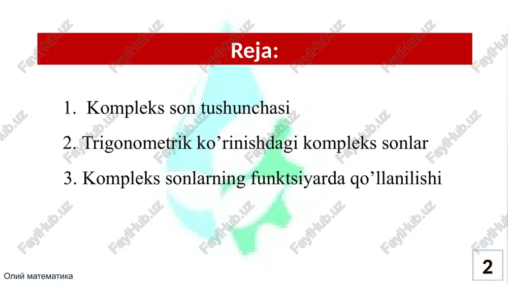 mavhum sonlarga esa ordinata o‘qining nuqtalari mos keladi. shunga ko‘ra koordinatalar tekisligi kompleks tekislik, absissalar o‘qi haqiqiy o‘q, ordinata o‘qi esa mavhum o‘q deb ham ataladi. hosil qilingan vektor kompleks sonning radius vektori deyiladi. kompleks son radius vektorining uzunligi shu kompleks sonning moduli deyiladi va bilan yoki r bilan belgilanadi. z=x+yi sonining moduli, ya’ni 8 haqiqatdan ham ikki nuqta orasidagi masofani topish formulasiga asosan, 1-misol. kompleks sonning modulini toping. yechish. bu yerda bo‘lgani uchun, (1) formuladan 9 vektor z=x+yi kompleks sonning radius vektori bo‘lsin, markazi o(0, 0) nuqtada va radiusi r bo‘lgan aylanani o nuqta atrofida a(a, b) nuqta bilan ustma-ust tushadigan qilib buramiz. bu ishni bir biridan 2π ga karrali bo‘lgan burish burchagiga farq qiladigan cheksiz ko‘p burish burchaklari yordamida amalga oshirish mumkin. shu burilish burchaklarining har biri z=x+yi kompleks sonning argumenti deyiladi. kompleks sonning barcha argumentlari to‘plamini arg(z) bilan belgilanadi. burish burchagining sinus va kosinuslari ta’rifidan quyidagi munosabatlar …