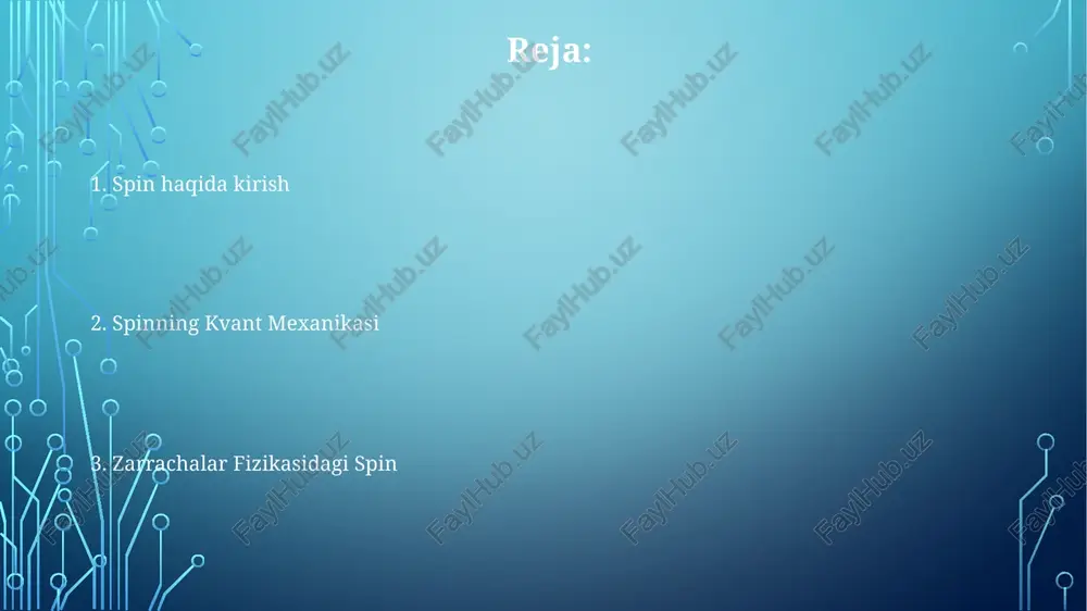 kret qiymatlarni olishi mumkin. spin atom tuzilmasida, spektroskopiyada va materiallar xulqida muhim rol o'ynaydi. kvant mexanikasida aylanish spin kvantlangan, ya'ni u faqat ma'lum diskret qiymatlarni qabul qilishi mumkin. spin, zarracha harakatlarida va reaksiyalarda muhim xususiyat hisoblanadi. spin, elementar zarrachalarning jismoniy aylanish tufayli emas, balki o'ziga xos burchak impulsidir. aylanish va statistika spin zarrachalar statistikasini belgilaydi: fermionlar yarim butun spinli va pauli chiqarib tashlash printsipiga bo'ysunadi, bozonlar butun spinli va bunday emas. spin, zarrachalarning o'ziga xos burchak momentumidir, ħ/2 birliklarida kvantlangan. elementar zarralar aniq spin qiymatlariga ega: elektronlar, protonlar va neytronlar spin 1/2, fotonlar spin 1 va higgs bozonlari spin 0 ga ega. burchak impulsi zarrachaga ichki burchak momentum, hatto dam olganida ham. kvantlangan xususiyat, ħ/2 birliklarida o'lchanadi. zarrachalarning magnit momenti va o'zaro ta'sirlarini aniqlaydi. ichki xususiyat ichki xususiyatlar zarrachaning tabiatiga xos bo'lgan, unga xos bo'lgan asosiy xususiyatlardir. spin, harakatdan mustaqil ravishda elementar zarrachalar tomonidan egallab olingan ichki burchak momentumidir. spin …