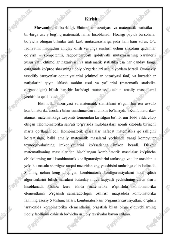 hisoblanadi. ushbu kurs ishida matematika o’qitishda kombinatorika elementlarini o’rganish samaradorligini oshirish maqsadida kombinatorika fanining asosiy 5 tushunchalari, kombinatorikani o’rganish xususiyatlari, o’qitish jarayonida kombinatorika elementlarini o’rgatish bilan birga o’quvchilarning ijodiy faolligini oshirish bo’yicha uslubiy tavsiyalar bayon etilgan. reja: 1. kombinatorika haqida umumiy tushuncha. 2. bo’laklash kombinatorikasi. 3. ferrers diagrammasi. 4. bo’lakashlarning xossalari. kombinatorika asoslari kombinatorik masalalar va tartiblangan to’plamlar. kombinatorika predmeti va paydo bo’lish tarixi. matematikaning kombinatorik tahlil, kombinatorik matematika, birlashmalar nazariyasi, qisqacha, kombinatorika deb ataluvchi bo’limida chekli yoki muayyan ma’noda cheklilik shartini qanoatlantiruvchi to’plamni (bu to’plamning elementlari qanday bo’lishining ahamiyati yo’q: harflar, sonlar, hodisalar, qandaydir predmetlar va boshqalar) qismlarga ajratish, ularni o’rinlash va o’zaro joylash ya’ni, kombinatsiyalar, kombinatorik tuzilmalar bilan bog’liq masalalar o’rganiladi. hozirgi davrda kombinatorikaga oid ma’lumotlar inson faoliyatining turli sohalarida qo’llanilmoqda. jumladan, matematika, kimyo, fizika, biologiya, lingvistika, axborot texnologiyalari va boshqa sohalar bilan ish ko’ruvchi mutaxassislar kombinatorikaning xilma-xil masalalariga duch keladilar. to’plamlar nazariyasi iboralari bilan aytganda, kombinatorikada kortejlar …