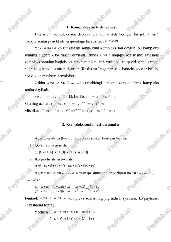 ning geometrik tasviri sifatida koordinatalar boshini tekislikdagi nuqta bilan tutashtiruvchi vektor ham qabul qilinadi. bu vektorning moduli yoki uzunligi: 4. kompleks sonning trigonometrik va ko`rsatkichli shakli 1–chizmadan ko`rinadiki: (4.1). bundagi r kompleks sonni tasvirlagan vektorning uzunligini ifodalaydi, uni sonning moduli, burchakni esa ning argumenti deyiladi va u quyidagicha yoziladi: , (4.2) kompleks songa mos bo`lgan vektorga birgina uzunlik va cheksiz ko`p burchaklar mos kelishi chizmadan ko`rinadi: shu sababli odatda burchakning umumiy ko`rinishi (4.3) kabi belgilanib , ni argumentning bosh qiymati deyiladi. chizmadan: . bunda (4.4 ) endi (4.1) ga asosan (4.5) bo`lib, o`ng tomon kompleks sonning trigonometrik shakli (formasi) deyiladi. (0 r = = = z r y x 2 sin 2 cos p p i i z + = = 2 p i e i z = = [ ] ) sin (cos ) sin (cos j j j j n i n r i r z n n …
