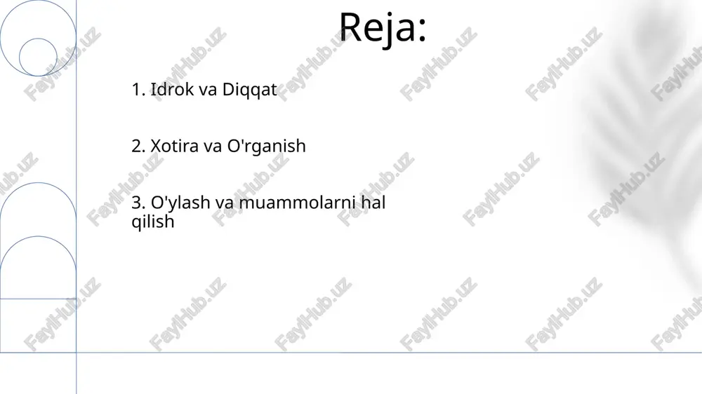 harakatlarimizga va dunyo haqidagi tushunchamizga qanday ta'sir qilishini o'rganish. odamlar ma'lumotni qanday oladi, qayta ishlaydi va foydalanadi. xotira, e'tibor va muammo yechish kabi aqliy jarayonlarni o'rganish. 7. o'ylash hayot davomida fikrlash, o'rganish va muammolarni hal qilish ko'nikmalarining o'zgarishini o'rganish. ta'lim, bolaning rivojlanishi va klinik aralashuvlarga printsiplarni qo'llaydi. xotira, e'tibor, til va mantiq kabi sohalarga e'tibor qaratadi. 8. rivojlanish xotira tadqiqotlari ma'lumotning qanday qilib o'zlashtirilishi, saqlanishi va ishlatilishi haqida o'rganadi. kognitiv psixologiya xotira, diqqat va muammo echish kabi aqliy jarayonlarni o'rganadi. xotira ma'lumotlarni kodlash, saqlash va qayta tiklash jarayoni hisoblanadi. 9. xotira idrok – bu sezgi ma'lumotlarini talqin qilish jarayoni. kognitiv psixologiya xotira, diqqat va til kabi aqliy jarayonlarni o'rganadi. idrok qobiliyatimiz kognitiv jarayonlar tomonidan ta'sirlanib, dunyoni qanday talqin qilishimizga olib keladi. 10. idrok idrok: hissiy ma'lumotlarni qanday talqin qilishimiz. diqqat: biz ma'lum stimullarga qanday e'tibor qaratamiz. xotira: ma'lumotni qanday kodlaymiz, saqlaymiz va qayta olamiz. 11. kognitiv psixologiyadagi asosiy tushunchalar kognitiv …