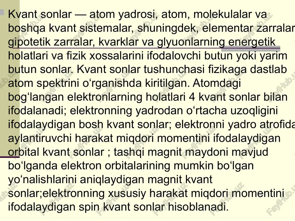gan magnit kvant sonlar magnit kvant son–atom orbitalining tashqi magnit yoki elektr maydonlarga nisbatan holatini belgilaydi. l = 1 l = 2 magnit kvant son orbital kvant songa bog’liq holda o’zgaradi;uning qiymati +l dan –l gacha bo’lib,0 ga ham teng bo’ladi. shunga ko’ra, magnit maydonda asosiy kvant soni n bo’lgan daraja 2l + 1 pastki darajalarga bo’linadi – zeeman effekti spin kvant son (spin) spin kvant son-elektronning xususiy mexanik harakat miqdori momentini tavsiflaydi. 1926-yil d.ulenbek,s.gaudsmit fanga kiritgan ms- harfi bilan belgilanadi. uning son qiymatlari +1/2 va -1/2 bo’lishi mumkin. elektronning spin momenti quyidagi tenglama bilan ifodalanadi: ms=√ s(s+1)h/2p bu yerda: s=1/2 spinning z o’qiga bo’lgan proyeksiyasi: sz=ms(h/2p) bu yerda:ms—zarrachaning spin kvant soni. uning qiymati ±1/2*h/2p musbat yoki manfiy spin son qiymati spinning harakat yo’nalishiga bog’lik. spin tufayli ayni qobiqchaga joylashishi mumkin bo’lgan elektronlarning maksimal soni orbitallarning sonidan 2 marta ko’p bo’ladi. kvant sonlarda bitta prinsip va ikkita qoida bor: pauli …