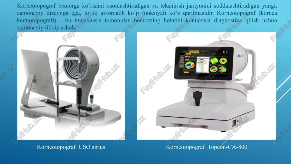ratografiya) yaratilgan va o'lchash darhol minglab nuqtalarda amalga oshiriladi. qabul qilingan ma'lumotlarni tahlil qilish va kompyuterda ishlov berishdan so'ng, natija displeyda grafik ko'rsatiladi. oftalmologlar shox pardaning rangli xaritasi ko'rinishidagi tayyor tasvirni topogramma deb atashadi. tasvirni talqin qilishni qulay qilish uchun egrilikning har bir darajasi o'ziga xos rangga ega: past egrilik - spektrning binafsha qismi, yuqori egrilik - qizil. ushbu uskunani quyidagi xususiyatlarga ko'ra tasniflash mumkin: dasturiy ta'minot (ekranda oson navigatsiya va ma'lumotlarning aniq ko'rinishini kafolatlaydi); avtomatik o'lchovlar (o'rnatilgan lcd monitor va joystik kombinatsiyasi tufayli oddiy joylashishni ta'minlaydi); kontakt linzalarini aniqlash rejimi (masalan, simulyatsiya qilingan floresan tekshiruvdan foydalanish); bemor o'lchovlari (o'rnatilgan ma'lumotlar bazasi mavjudligi), korneotopograflarning ishi plasido halqalari texnologiyasiga asoslanadi, bunda shox pardaga bir nechta halqalar proyeksiya qilinadi, shundan so'ng qurilma intervallar va kengliklarni o'lchaydi, shuningdek, ularning aksini qayd qiladi va barcha ma'lumotlar egrilik ko'rsatkichlariga aylanadi. plasido halqa texnologiyasidan tashqari, bugungi kunda shox pardaning boshqa turlari mavjud: rastrli suratga olish bilan …