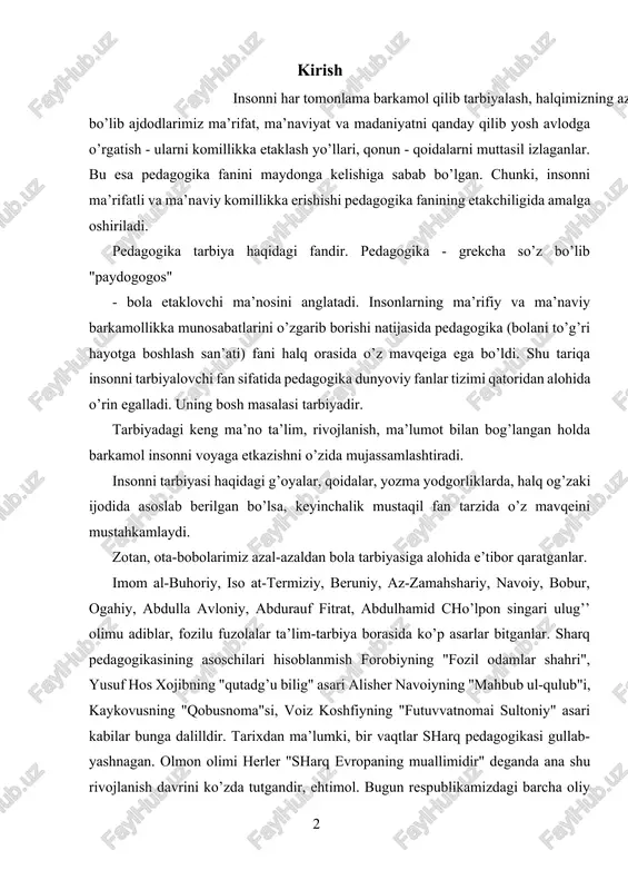mai sultoniy" asari kabilar bunga dalilldir. tarixdan ma’lumki, bir vaqtlar sharq pedagogikasi gullab-yashnagan. olmon olimi herler "sharq evropaning muallimidir" deganda ana shu rivojlanish davrini ko’zda tutgandir, ehtimol. bugun respublikamizdagi barcha oliy o’quv yurtlarida pedagogika fanini kiritilishi, ya’ni har qanday kasb-ixtissoslik egasi pedagogika asoslaridan habardor bo’lishini ta’minlash zamirida inson kamoloti yotadi. qabul qilingan “kadrlar tayyorlash milliy dasturi’ ning milliy modelidagi bosh muddaosi komil inson tarbiyasi, mustaqil fikrlovchi ijodkor shahsni tarbiyalash masalalaridir. bu vazifani esa pedagogika asoslaridan habarsiz kishi me’yoriga etkazishi amrimaholdir. ushbu ma’noda bo’lajak o’qituvchilar oldiga qo’yiladigan yangi pedagogik tafakkurni shakllantirish vazifasi bugungi pedagogika fanining mohiyatini tashkil etadi shuningdek, jamiyat oldiga ko’ndalang turgan milliy maktab modelini yaratish milliy ta’lim tizimini uning mazmunini jahon tajribasi mezonlariga mos davlat standartlari asosida yaratish vazifasini hal etish o’zbek pedagogikasi fanining ham oldiga qo’yilgan. o’zbekiston respublikasidagi pedagogik oliy o’quv yurtlarida o’rganiladigan pedagogika fani o’qituvchilik kasbiga tayyorlash tizimida alohida o’rin tutadi va ihtisosga yo’naltiruvchi fan hisoblanadi. mazkur …