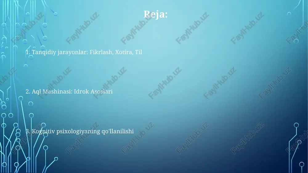i. dunyoni hissiy ma'lumotlarni qanday talqin qilishimiz va aqliy tasvirlarni shakllantirishimiz. diqqat, xotira va qaror qabul qilish kabi ruhiy jarayonlarni o'rganish. kognitiv rivojlanish kognitiv rivojlanish: fikrlash, mantiq va muammo yechish qobiliyatlarining umr bo'yi qanday o'zgarishini o'rganish. kognitiv psixologiya: odamlar qanday o'ylaydi, o'rganadi, eslaydi va muammolarni hal qiladi, shuning haqida o'rganish. kognitiv psixologiya: idrok, diqqat, xotira, til va qaror qabul qilishni o'z ichiga olgan ruhiy jarayonlarni ilmiy o'rganish. o'rganish odamlar ma'lumotni qanday oladi, qayta ishlaydi va saqlaydi? aqlning qanday ishlashini tushunish va bu bilimni o'rganish, o'qitish va boshqa sohalarni yaxshilashga qo'llash. diqqat, xotira, til va muammo hal qilish kabi aqliy jarayonlar. diqqat diqqat, kognitiv jarayonlarda asosiy element boʻlib, bizga kerakli maʼlumotlarni qayta ishlashga va chalgʻituvchi narsalarni eʼtiborsiz qoldirishga imkon beradi. kognitiv psixologiya diqqat, xotira va mantiq kabi aqliy jarayonlarni o'rganadi. diqqat - bu boshqalarini e'tiborsiz qoldirib, ma'lum bir rag'batlantiruvchilarga diqqatni jamlash qobiliyatidir. kognitiv psixologiya nima? odamlarning ma'lumotni qanday qabul qilishini, o'rganishini …