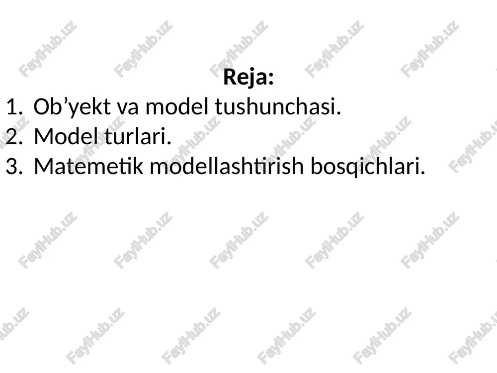 odellar deyiladi. matematik model qurish va uni yechish jarayoni matematik modellashtirish deyiladi. mm quyidagi sinflarga bo’linadi: vaqt bo’yicha o’zgarmas modellar- statik modellar; vaqt bo’yicha o’zgaruvchi modellar- dinamik modellar; ham fazoda, ham vaqt bo’yicha o’zgaruvchi modellar- tarqoq modellar; statik modellarda tekshirilayotgan ob’ekt vaqtga bog’liq bo’lmagan holda qaraladi, ya’ni masalaning yechimi vaqtga umuman bog’liq emas. bu holda ob’ekt fazoviy koordinatalarga bog’liq ravishda o’rganiladi. dinamik modelda esa aksincha, ob’ekt faqat vaqtga bog’liq ravishda o’rganiladi. ob’ektni matematik ifodalashda analitik, eksperimental va aralash usullardan foydalaniladi. analitik usul - fizika, ximiya, biologiya kabi fanlar qonunlaridan foydalanadigan masalalarning matematik ifodasini tuzishga mo’ljallangan. analitik usulda matematik ifodalash uchun ob’ekt ustida tajribalar o’tkazish shart emas. tuzilgan matematik ifodalarning murakkabligi analitik usulning kamchiligidir. eksperimental usulda ob’ekt ustida tajribalar o’tkazish kerak bo’ladi. bu usulning yutug’i – ob’ekt xossalarini qisman o’rganib chiqishdan iborat bo’lsa, kamchiligi – ayrim ob’ektlar ustida uzoq vaqt, har xil sharoitlarda ko’p sonli tajribalar o’tkazishning zarurligidir. aralash usulda ob’ektni …