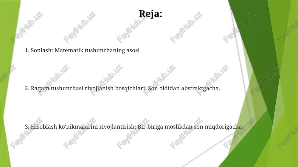 ar: son oldidan erta son yetuk son. raqamlarga oid tushunchalar: saralash, moslashtirish va taqqoslash hisoblash bu bosqichlarga asoslanib, bir-biriga mos kelish, raqam tartibi va miqdoriylik bo'yicha ko'nikmalarni rivojlantiradi. sortirovka, moslashtirish va taqqoslash raqam tushunchalarini tushunish uchun poydevor yaratadi. son tushunchasini shakllantirish bosqichlari: bolalar miqdorlarni tanib olishdan son so'zlari va belgilaridan foydalanishgacha rivojlanadi. sonlarni boshqa fanlar bilan integratsiyalash son tushunchasini shakllantirish bosqichlari: oldingi son, sonni tanib olish, sanash va son munosabatlari. sanashni o'rgatishga tayyorgarlik ko'rish son tushunchasining rivojlanish bosqichlari va tegishli o'qitish usullarini tushunishni talab qiladi. sonlarni boshqa fanlar bilan birlashtirish o'qishni yaxshilaydi va uni yanada qiziqarli qiladi. raqam tushunchasini rivojlanish bosqichlari bolalar rasmiy sanashsiz buyumlarni va miqdorlarni o'rganishadi. bolalar sonni miqdorni ifodalash sifatida tushunishadi va son munosabatlarini anglaydilar. bolalar sonni sanashni va ob'ektlar bilan raqam so'zlarini birma-bir moslashtirishni o'rganadi. kardiinal va tartib raqamlari raqam tushunchasining rivojlanishi miqdorlarni tanib olish, sanash va raqamlarning mavhum tabiati haqida tushunish bosqichlarini o'z ichiga oladi. …