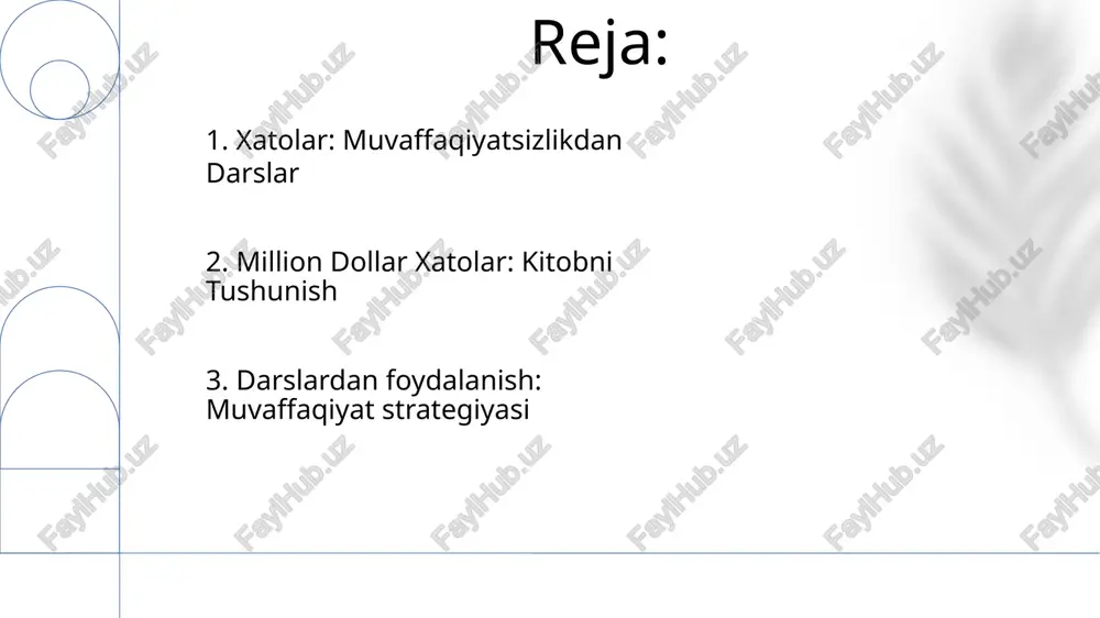 atta moliyaviy yo'qotishlarga olib keladigan keng tarqalgan moliyaviy xatolarni ta'kidlaydi. nazorat illyuziyasi voqealarga ta'sirimizni haddan tashqari baholaydigan moyillikdir. 9. harakatsizlikning narxi kitob qimmat xatolarni oldini olish uchun amaliy maslahatlar beradi. keng tarqalgan xatolar bizneslarga millionlab dollarlarni yo'qotadi. 10. muvaffaqiyatsizlik sovg'asi million dollarlik xatolar qimmatli darslar va tushunchalarni ochib beradi. xatolar va muvaffaqiyatsizliklardan saboq olib muvaffaqiyatga erishing. 11.mag'rurlik narxi kitob odamlarning moliyaviy xatolari, katta moliyaviy yo'qotishlarga olib keladiganlarni ochib beradi. bu xatolarning psixologiyasini tahlil qiladi va mag'rurlik va ortiqcha ishonchning rolini ta'kidlaydi. 12.qarz yukı kitob moliyaviy xatolarni haqiqiy dunyo oqibatlarini ochib beradi va hatto kichik ko'rinadigan xatolar ham ulkan qarzga aylanishi mumkinligini ko'rsatadi. kitob o'quvchilarga moliyaviy savodxonlik va mas'uliyatli moliyaviy qaror qabul qilishning ahamiyati to'g'risida ma'lumot berishga qaratilgan. e'tiboringiz uchun rahmat @taqdimot_robot image1.png image2.jpg image3.jpg image4.jpg image5.jpg image6.jpg image7.jpg image8.jpg image9.jpg image10.jpg image11.jpg image12.jpg image13.jpg