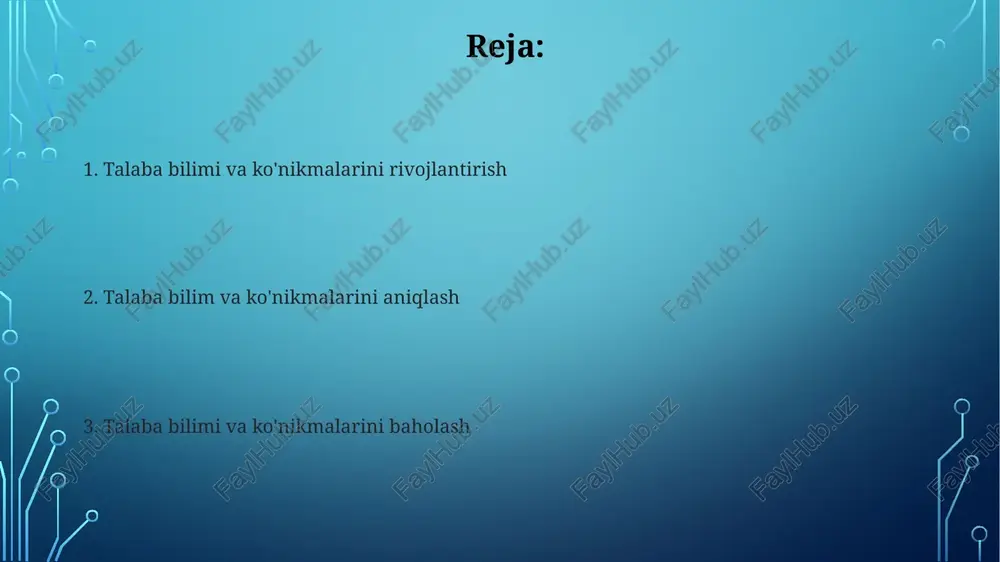 r orqali baholash. bilimga asoslangan baholash: testlar, viktorinalar va insholar orqali tushunishni o'lchaydi. texnologiya integratsiyasining ahamiyati. texnologiya integratsiyasi orqali o'quvchilar tanqidiy fikrlash, muammolarni hal qilish va raqamli savodxonlik kabi muhim 21-asr ko'nikmalarini rivojlantiradilar. yaxshilangan jalb qilish: texnologiya asosidagi faoliyat va vositalar talabalarning diqqat-e'tiborini jalb qiladi, o'qishga bo'lgan motivatsiyani va ishtirokni oshiradi. tanqidiy fikrlashni rivojlantirish tanqidiy fikrlashni rivojlantirish talabalarga ma'lumotni tahlil qilish, muammolarni hal qilish va oqilona qarorlar qabul qilish qobiliyatini beradi. talabalar faol o'rganish, tadqiqot va ma'lumotni tanqidiy baholash orqali tushunchalarni chuqurroq tushunishadi. e'tiboringiz uchun rahmat @taqdimot_robot image3.jpg image4.jpg image5.jpg image6.jpg image7.jpg image8.jpg image9.jpg image10.jpg image11.jpg image2.png