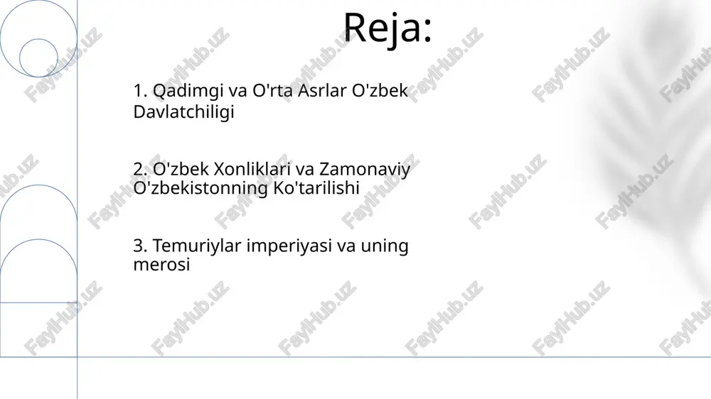 t qilgan yirik turkiy imperiya bo'lib, poytaxti buxoro edi. ozbekiston respublikasi 1991-yilda sovet ittifoqining parchalanishidan keyin vujudga keldi. 8. moʻgʻul istilosi va temuriylar davlati timur, bir turkiy fatoh tomonidan asos solingan temuriylar imperiyasi, mo'g'ul merosiga asoslanib, o'zbek identifikatsiyasiga ta'sir ko'rsatgan. mo'g'ullar istilosi temuriylar imperiyasi uchun zamin yaratdi va o'zbek davlatchiligining rivojlanishiga ta'sir ko'rsatdi. 9. rossiya istilosi va o'zbek sovet sotsialistik respublikasi o'zbek ssr sovet hokimiyati davrida yirik paxta yetishtiruvchi edi va tez sur'atlar bilan sanoatlashdi. ushbu hudud 1924 yilda o'zbek sovet sotsialistik respublikasi sifatida sovet ittifoqiga qo'shildi. e'tiboringiz uchun rahmat @taqdimot_robot image1.png image2.jpg image3.jpg image4.jpg image5.jpg image6.jpg image7.jpg image8.jpg image9.jpg image10.jpg