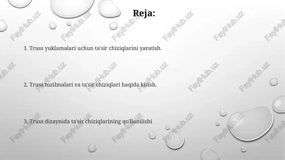 qtalarga birlik yukini qo'llang va har bir pozitsiya uchun istalgan elementdagi natijaviy kuchni aniqlang. natijada hosil bo'lgan kuch qiymatlari keyinchalik mos yuk pozitsiyalari bo'yicha chizilgan bo'lib, ta'sir chizig'ini yaratadi. truss a'zolaridagi kuchlar uchun ta'sir chiziqlari - bu struktura bo'ylab birlik yuk harakatlanganda ma'lum bir a'zodagi kuch o'zgarishini ko'rsatuvchi diagrammalar. muller-breslau printsipi ta'sir chiziqlari keyin birlik yukning mos keladigan pozitsiyalariga nisbatan bu egilishlarni chizish orqali quriladi. muller-breslau printsipi, strukturaning bir nuqtasida ma'lum bir reaksiya, ichki kuch yoki moment uchun ta'sir chizig'i, shu nuqtaga birlik yuk qo'llanilganda strukturaning egilgan shakli ekanligini aytadi. trusslarga tatbiq etiladigan yuklar uchun ta'sir chiziqlarini qurishda, truss bo'ylab harakatlanuvchi birlik yukni hisobga olib, kerakli joylarda hosil bo'ladigan og'ishlarni aniqlash printsipi qo'llaniladi. truss dizaynida ta'sir chiziqlari qo'llanilishi truss dizaynini optimallashtirish: ta'sir chiziqlari truss elementlarining optimal o'lchamlarini aniqlash va struktura mustahkamligini ta'minlash uchun muhim yuk pozitsiyalarini aniqlashga yordam beradi. truss a'zolarida maksimal kuchlarni aniqlash: ta'sir chiziqlari turli yuklanish sharoitlarida har …