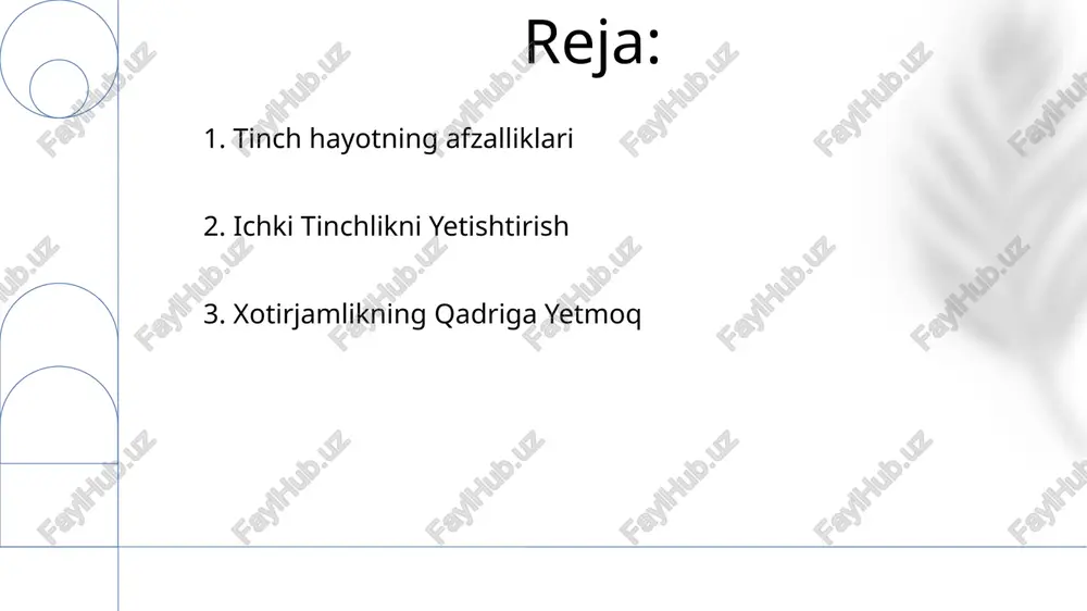 , salbiylikdan ijobiylikka yo'nalishni o'zgartirib, tinch va xotirjam hayotga olib kelishi mumkin. minnatdorchilik hayotdagi ne'matlarga qadrlashni oshiradi, bu esa qoniqish va xotirjamlik hissi yaratadi. 12.soddalikda quvonch topish hozirda bo'ling: sekinlashing, kichik lahzalarni ta'mga to'ldiring va kundalik hayotdagi quvonchni toping. minimalizmni qabul qiling: hayotingizni soddalashtiring, joyingizni tozalang va kamroq narsada ozodlik toping. 13.stress va xavotirni yengish kerak bo'lsa, yaqinlaringizdan, mutaxassislar yoki qo'llab-quvvatlash guruhlaridan yordam so'rang. stressni mindfulness, mashq va dam olish texnikalari orqali boshqaring. 14.kechirishning kuchi kechirish hissiy shifo va shaxsiy o'sishga imkon beradi, bu esa xotirjamlikka olib keladi. kechirish achchiqlik va nafratni yo'q qiladi, ichki tinchlikni rivojlantiradi. 15.tinchlik va xotirjamlik ma'nosi tinch va xotirjam hayot tinchlik, quvonch va shaxsiy rivojlanish va to'liqlik imkoniyatlarini beradi. bu holat aniq fikrlash, kuchli munosabatlar va qoniqish hissi uchun imkon beradi. 16.e'tiborning kuchi meditatsiya va chuqur nafas olish kabi hushyorlik amaliyotlari aqliy ravshanlik va diqqatni kuchaytiradi. e'tiborlilik ichki tinchlikni rivojlantiradi, stress va tashvishni kamaytiradi. 17.ichki …