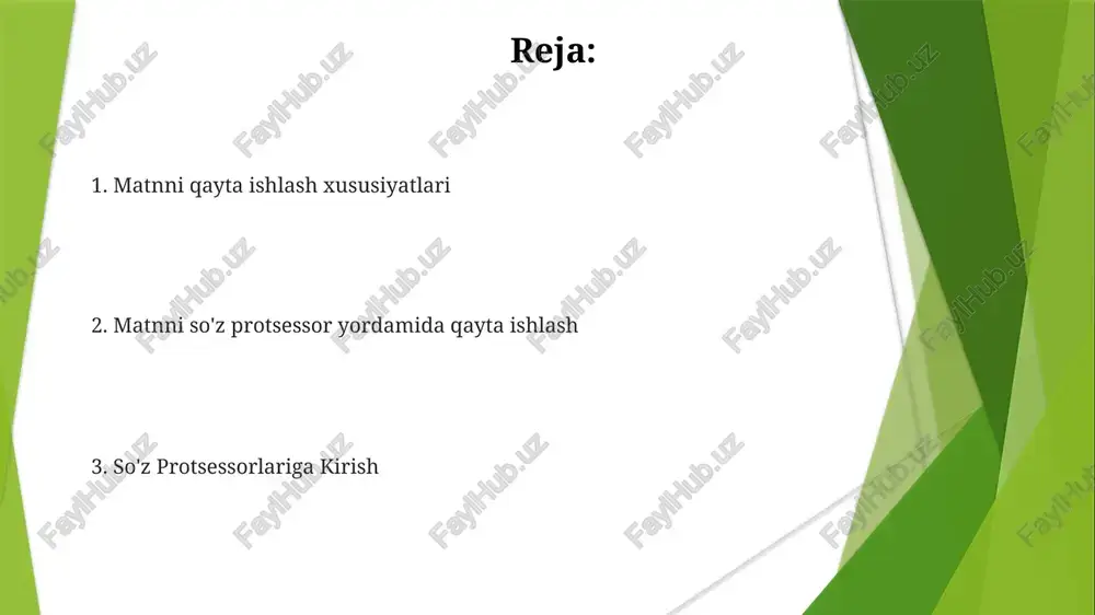 lang va hujjatlarni har kimga osongina baham ko'ring. imlo tekshirish va grammatik xatoliklarni tuzatish: xatolarni avtomatik ravishda aniqlab, tuzatadi, yozuvingizning aniqligi va ravshanligini oshiradi. matn muharriri. matn protsessorlar hujjatlarni yozish, tahrirlash va ulashishni osonlashtirish uchun mo'ljallangan. matn protsessori - bu matn hujjatlarini yaratish, tahrirlash va formatlash imkonini beruvchi dastur. ba'zi mashhur matn muharrirlariga microsoft word, google docs va apple pages kiradi. so'z protsessor turlari onlayn matn muharrirlar (google docs, zoho writer) kompyuterda ishlatiladigan matn muharrirlar (microsoft word, google docs) mobil matn tahrir dasturlari (microsoft word, google docs) hamkorlik va hujjatlarni almashish bir nechta foydalanuvchi bilan hujjatlar ustida real vaqtda hamkorlik qiling. hamkorlar tomonidan amalga oshirilgan o'zgarishlar va tahrirlarni kuzatib boring. hujjatlarni boshqalarga ko'rib chiqish yoki tahrirlash uchun osonlikcha ulashing. jadvallar va ro'yxatlarni yaratish jadvallar va ro'yxatlarni formatlash uchun "uy" yorlig'ini tanlang va kerakli variantlarni tanlang. "kiritish" yorlig'ini tanlang va "jadval"ni tanlang. ro'yxatni yaratish uchun elementlarni yozing va "enter" tugmasini bosing. …