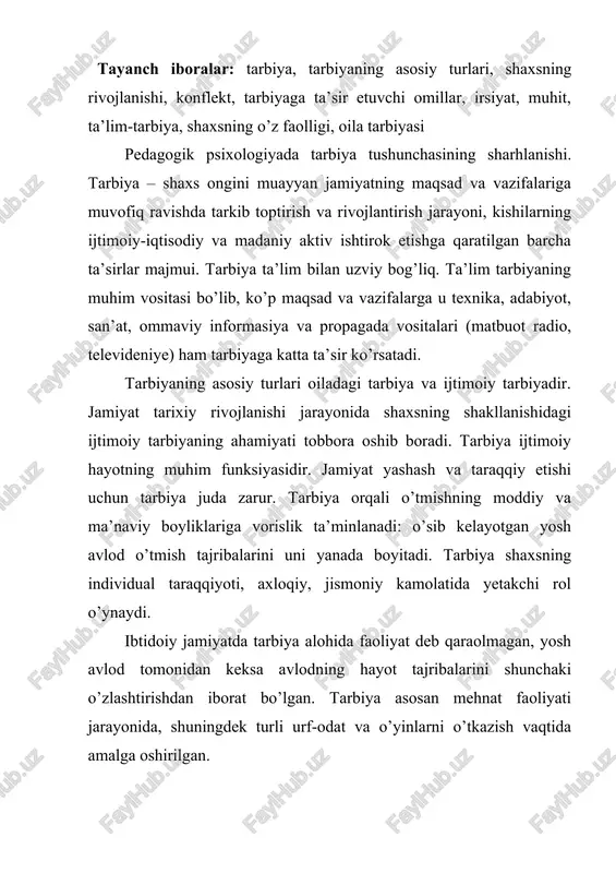 mehant taqsimot o’g’il bilan qizlar tarbiyasidagi tafovutni keltirib chiqadi. sinflar vujudga kelishi bilan tarbiya sinfiy bo’la bordi. ekspluatatorlar sinfi unda o’z hukumronliklarini mustahkamlash uchun foydalandilar. quldorlik davrida badavlat kishilar o’sha davrdagi turli o’quv tarbiya muassasalarida tarbiyalangan va ta’lim olgan. qullar va ularning bolalari og’ir jismoniy mehnat uchun tayyorlangan. feodalizm davrida tarbiya tabaqalashtirilgan holda olib borildi. xususan o’rta osiyoda saroy ahillari, zadogonlar bolalarini tarbiyalash uchun maxsus murabbiylar tayinlab qo’yilgan. kambag’allarning bolalari asosan uyda keyinroq ustaga shogird tushib tarbiyalanganlar. feadalizm davrida diniy tarbiya asosiy tarbiya hisoblangan. ko’pgina rivojlangan demokratik mamlakatlarda davlat tarbiya muassasalarining keng tarmog’i yaratilgan bo’lib, ularda tarbiyaviy ish maxsus pedagogik tayyorgarlikka ega bo’lgan kishilar tomonidan planli va sistematik ravishda olib boriladi. maktab yoshigacha bo’lgan bolalar tarbiyasida maktab yoshidagi bolalar muassasalari muhim rol o’ynaydi. o’quv tarbiyasi muassasalari ichida maktab alohida o’rin egallaydi. bolalar va o’smirlarni tarbiyalashda maktabdan tashqi muasasalar maktab bilan birga ish olib boradi. internat maktablarda, liseylarda, kasb-ho’nar kollejlarda, mehribonlik …
