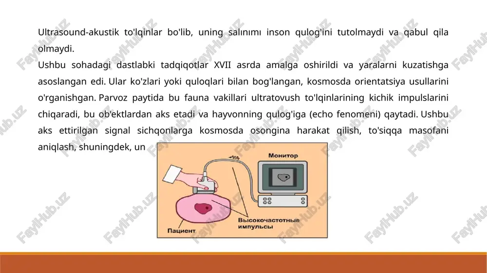 larni shakllantirishga qodir. ovoz to'lqinlarining xususiyatlari ovoz to'lqinining asosiy xususiyatlari quyidagilardir: amplituda (a). maksimal ovoz bosimini belgilaydi; tezlik (v). soniyada salınımlar soni. hertzah (hz) bilan o'lchanadi. zamonaviy ultratovush uskunalari 1-50 mgts amplitudasiga ega; to'lqin uzunligi (); tarqatish tezligi (s). asosiy ta'sir bosim va harorat rejimiga bog'liq, ammo fiziologik tekshiruvda ularni e'tiborsiz qoldirish mumkin. ovozning radiatsiya tezligi muhitning zichligi bilan bog'liq, masalan, yumshoq to'qimalarda 1500 m / sek. tibbiy tekshiruvlarda to'lqin uzunligini hisoblash uchun maxsus formuladan foydalaniladi. anatomik tuzilmalarning minimal o'lchamlarini aniqlashga yordam beradi. agar ular kamroq bo'lsa, ularni ajratib bo'lmaydi. ultratovush tekshiruvlarida to'lqin uzunligi o'rganilayotgan ob'ektning holatini baholash mumkin bo'lgan tasvirni olish imkonini beradi. ekranning detallari to'lqin oralig'iga bog'liq, tahlil mavzusi qanchalik baland bo'lsa, shuncha yaxshi ko'rinadi. ammo "v" parametrining oshishi bilan penetratsion imkoniyat va tadqiqot uchun mavjud chuqurlik kamayadi. ultratovush olish tibbiyotda ishlatiladigan ultratovush piezoelektrik ta'sirga asoslangan. bu kristalllar va keramiklarning elektr voltajiga duch kelganida buzilish ehtimoli. bu sodir …