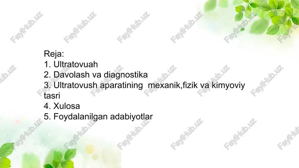 k, kimyoviy va issiq taʼsir kidali. ultratovushning terapevtik taʼsiri mahalliy va umumiy reaksiyalardan iborat boʻlib, neyroreflektor va gumoral yoʻl orqali yuzaga chiqadi. ult ratovush maʼlum dozada ogʻriqsizlantiruvchi, soʻruvchi, yalligʻlanishga qarshi, spazmolitik, fibrionolitik, qonni suyultiruvchi taʼsir qiladi. uning taʼsirida bitish va tiklanish jarayonlari tezlashadi, nervmuskul apparati qoʻzgʻaluvchanligi oshadi. periferik nerv tolasidan impuls oʻtishini tezlashtiradi, toʻqimaning trofik funksiyasini yaxshilaydi va h.k. tayanch-harakat apparati kasalliklari (artrit, artroz, revmatoid artrit, periferik nerv sistemasi jaroxati va kasalligi, hazm aʼzolari kasalliklari, meʼda va 12 barmoq ichak kasalliyutari), quloq, tomoq va burun kasalliklari (tonzillit, faringit), ginekologik kasalliklar (salpingoofaritlar), urologik kasalliklar (prostatit) va stomatologik kasalliklar (parodontoz)la yaxshi naf beradi. pekin ultratovushni qoʻllash bemorga toʻgʻri kelishikelmasligini faqat vrach aniqlab beradi. toʻqimalarni kesish kabi xirurgik operatsiyalarda ham ultratovush asboblaridan foydalaniladi. ultratovush diagnostika maqsadlarida tosh va yot jismlarni, homilaning joylashish holati hamda boshining oʻlchamini va boshqalarni aniqlashda qoʻllaniladi. ultrasonik tebranishlarga ta’sir qilish samarali yallig’lanishga qarshi, rezorbsiya, og’riq qoldiruvchi ta’sirga ega va …