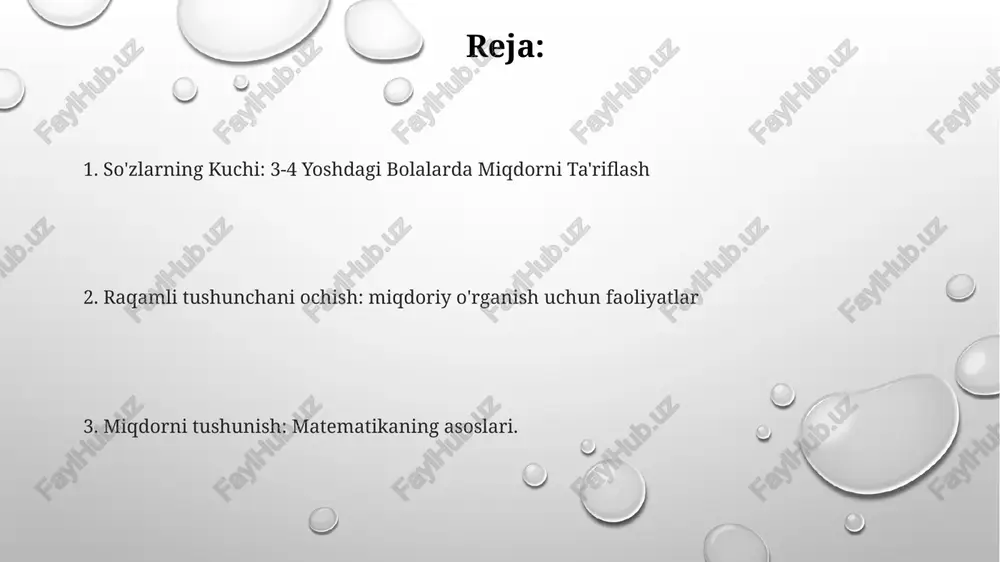 uchun juda muhim. erta o'lchov tushunchalari "ko'p" va "kam" tushunchalarini sanash va guruhlarni taqqoslash orqali tushunish. hajmi, og'irligi va hajmi bo'yicha narsalarni taqqoslash va qarama-qarshi qo'yish. bloklar yoki qo'llar kabi nostandart o'lchov birliklaridan foydalanib uzunlik va balandlikni o'lchash. makonni tahlil qilish ko'nikmalari miqdorli tasvirlar, ayniqsa, fazoviy tushunchalarni tushunish uchun juda foydali. 3 dan 4 yoshgacha bo'lgan bolalarda fazoviy tafakkur ko'nikmalari tez rivojlanadi. bu yoshdagi bolalar "yuqorida", "pastda" va "yonida" kabi so'zlarni ishlata boshlaydilar. e'tiboringiz uchun rahmat @taqdimot_robot image1.png image2.png image3.png
