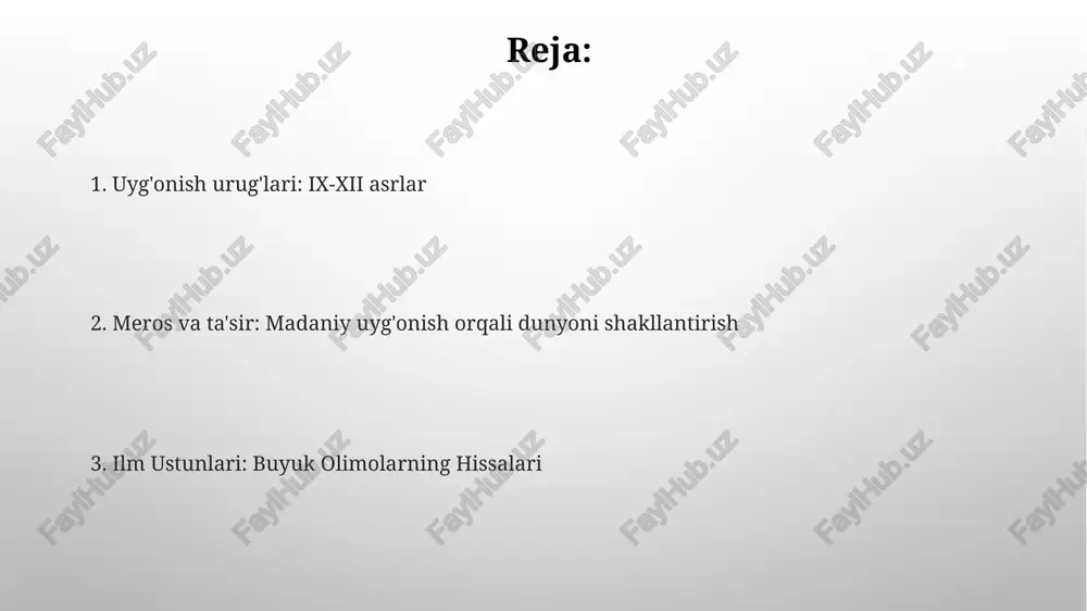 olimlarni dunyo tsivilizatsiyasini shakllantirishdagi hissasi. yozuv kuchining kuchi: adabiyot va tilning evolyutsiyasi 9-12-asrlar davomida adabiyot va tilning rivojlanishi. buyuk olimlarning jahon sivilizatsiyasiga qo'shgan hissasi. dinning ta'siri: e'tiqod madaniy rivojlanishning katalizatori sifatida 9-12-asrlar davomida intellektual va badiiy taraqqiyot bilan ajralib turadigan muhim madaniy uyg'onish davri. dinning madaniy rivojlanish va jamiyat qadriyatlarini shakllantirishdagi chuqur ta'siri. o'tmishga ko'prik: qadimgi donishni qayta kashf etish va saqlash madaniy uyg'onish va buyuk olimlarning jahon sivilizatsiyasiga qo'shgan ulkan hissasi. 9-12-asrlar davomida qadimiy donolikni qayta kashf etish va saqlash. ijodiylik uchquni: badiiy ifoda va innovatsiya bu madaniy uyg'onish jahon sivilizatsiyasiga muhim hissa qo'shdi. bu davrning buyuk olimlari fan, san'at va falsafa sohalariga abadiy hissa qo'shdilar. buyuk olimlaŕning merosi: ibn sino, ibon rošd, ibn xaldun. bu olimlarniŋ asarlari g'arb fikriga ta'sir qilib, zamonaviy fan va falsafa asoslarini yaratishga yordam berdi. 9-12-asrlar islom dunyosida "oltin asr" deb nomlangan intellektual va madaniy faoliyatning gullab-yashnash davri bo'ldi. e'tiboringiz uchun rahmat @taqdimot_robot image3.png …