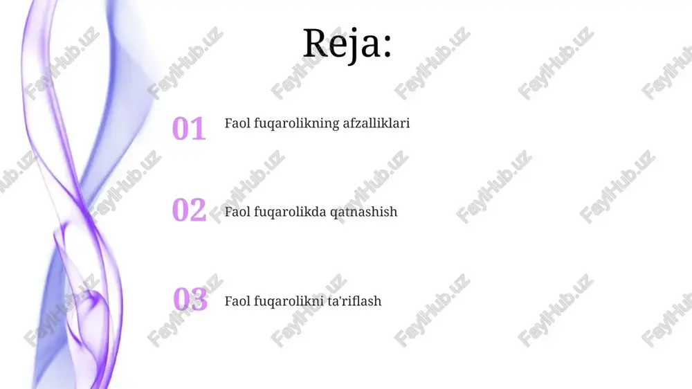 o'lgan jamiyatni shakllantirishga hissa qo'shadi. shaxsiy rivojlanish: faol fuqarolik ma'naviy maqsad, mas'uliyat va o'z-o'zini samarali his qilish tuyg'usini rivojlantiradi. e'tiboringiz uchun rahmat @taqdimot_robot image1.jpeg image2.jpeg image3.jpeg