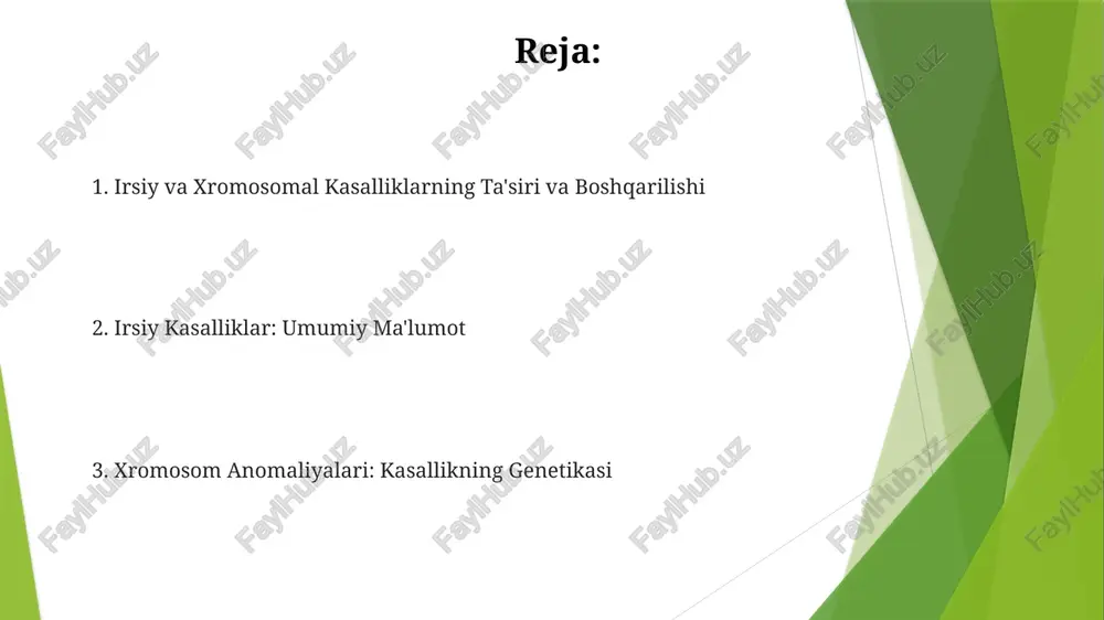 kelishi mumkin. xromosom kasalliklari: xromosomalarning g'ayritabiiyligi tufayli kelib chiqadi, misol tariqasida daun sindromi va terner sindromi. xromosoma kasalliklarini tashxislash xromosoma kasalliklari: bu kasalliklar xromosomalar soni yoki tuzilishidagi o'zgarishlar natijasida kelib chiqadi va ko'pincha rivojlanish va sog'liq muammolari bilan bog'liq. xromosoma va irsiy kasalliklarni tashxislash: muayyan anormalliklarni aniqlash uchun genetik tekshiruvlar, oila tarixini tahlil qilish va fizik tekshiruvlarni o'z ichiga oladi. xromosoma kasalliklarining alomatlari irsiy kasalliklar: alomatlar ta'sirlangan genga qarab keng tarqalgan. xromosoma kasalliklari: jismoniy nuqsonlar, rivojlanishdagi kechikishlar, intellektual nogironlik. irsiy kasalliklarni tashxislash irsiy kasalliklar: mutatsiyaga uchragan genlar orqali avloddan avlodga o'tadigan va turli organlar va tizimlarga ta'sir qiladigan kasalliklar. irsiy kasalliklarni tashxislash: genetik tekshiruv, oila tarixi tahlili va klinik baholashni o'z ichiga oladi. irsiy kasalliklar nima? - kistik fibroz - o'roqsimon hujayralar anemiyasi - daun sindromi xromosom kasalliklari: xromosomalarning tuzilishi yoki sonidagi o'zgarishlar natijasida yuzaga keladi. meros bo'yicha kasallik turlari irsiy kasallik turlari: yolg'iz genli, ko'p omilli, xromosomali. irsiy kasalliklar: …