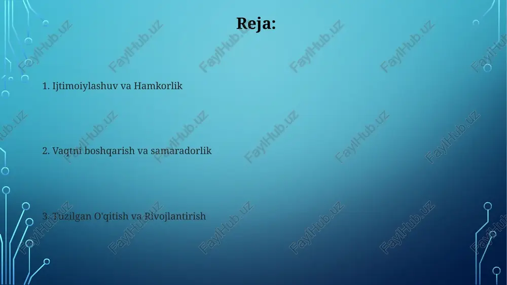 liklarni belgilash ko'nikmalarini rivojlantiradi. jamoa tuyg'usini yaratish o'quvchilar orasida ijtimoiy ko'nikmalarni, hamkorlikni va empatiyani rivojlantiradi. o'quvchilar o'zlarini qo'llab-quvvatlangan va qadrlangan his qilishlari uchun samimiy va hamma uchun ochiq muhit yaratadi. jismoniy sog'liqni yaxshilash darslarga jismoniy mashqlarni qo'shish faol o'rganishni rag'batlantiradi, diqqatni yaxshilaydi va xulq-atvor muammolarini kamaytiradi. o'yinli o'qitish ijodkorlik, muammolarni hal qilish va ijtimoiy-emotsional rivojlanishni, shuningdek jismoniy foydalarni rivojlantiradi. jamoa ishi va hamkorlikni rag'batlantirish ijtimoiy ko'nikmalarni va hamkorlikni rag'batlantiradi. jamoa va mansubliklik tuyg'usini yaratadi. akademik o'sish va yutuqlarni qo'llab-quvvatlovchi tuzilgan muhit yaratadi. qiziqish va tadqiqotni rag'batlantiradi, o'rganishni qiziqarli va kulgili qiladi. ishonch va o'ziga bo'lgan hurmatni oshirish tuzilgan faoliyatlar bolalarga muvaffaqiyatga erishish imkoniyatini beradi, bu esa o'ziga bo'lgan ishonchni oshiradi. tashkil etilgan faoliyatlarda qatnashish bolalarda ijtimoiy ko'nikmalarni rivojlantirishga va boshqalar bilan muloqotda bo'lishda ishonch hosil qilishga yordam beradi. ijodiylik va xayolparastlikni rag'batlantirish hamkorlik va muloqot orqali ijtimoiy ko'nikmalarni rivojlantiradi. tadqiqot va kashfiyotga undaydi, qiziqish uyg'otadi. aqliy ko'nikmalarni rivojlantirish tuzilgan faoliyatlar …