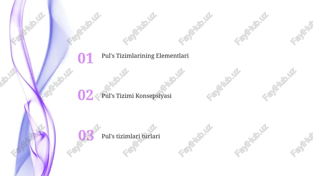ishonchliligini pul's tizimlari turli xil shakllarda, jumladan elektr, optik va akustik shakllarda mavjud bo'lib, har biri o'ziga xos xususiyatlarga ega. pul's sistemalari ma'lumotlarni qisqa portlashlarda uzatadi, bu ishonchlilikni oshiradi va kechikishni kamaytiradi. pul's tizimi konsepsiyasi pul's tizimi ma'lumot uzatishning samarali usulini ta'minlaydigan energiya uzatishning ritmik naqshidir. pul's tizimlari biologik yurak urishidan tortib elektr signallarigacha turli shakllarda mavjud bo'lib, faollik va faolsizlikning takrorlanuvchi tsikllari bilan tavsiflanadi. pul's sistemalarning afzalliklari va kamchiliklari afzalliklari: tez javob, yuqori aniqlik, kam quvvat iste'moli. pul's tizimi konsepsiyasi: qisqa energiya portlashlari (pul'slar) shaklida ma'lumot uzatuvchi tizim. pul's spektr va kengligi 01 02 pul's tizimi pul's generatori, uzatish muhiti va qabul qiluvchidan iborat bo'lib, pul'slarning xususiyatlarida kodlangan ma'lumotlarni uzatadi. pul's spektri pul's signalining chastota taqsimotini ko'rsatadi, bu erda kengligi mavjud bo'lgan chastotalar diapazoni bilan aniqlanadi. sales 1st qtr 2nd qtr 100 0 sales 1st qtr 2nd qtr 100 0 pul's tizimi tahlili va modellashtirish pul's tizimlari uzluksiz vaqt …
