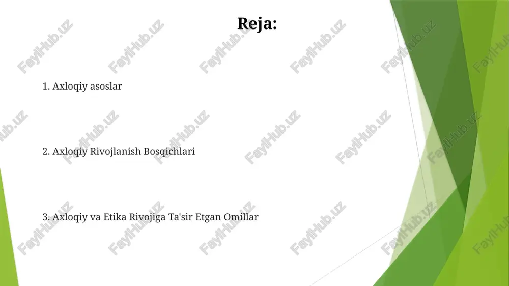 rgalikda axloqiy va etik rivojlanishga hissa qo'shadi. axloqiy ramkalar axloqiy va etika taraqqiyoti: oila, madaniyat va shaxsiy tajribalar kabi omillar ta'sirida davom etadigan umrbod jarayon. axloqiy doi­ralar: axloqiy qarorlar qabul qilish uchun prin­siplar va yo’l-yo’riqlarni taqdim etadi. axloqiy liderlik va namuna ko'rsatuvchilar axloqiy rivojlanish o'z manfaatidan universal tamoyillarga qadar rivojlanadigan mantiq bosqichlarini o'z ichiga oladi. axloqiy liderlik axloqiy xulqni ilhomlantiradi va halollik madaniyatini rivojlantiradi. tengdosh va jamiyat ta'siri jamiyat axloqiy fikrlashga ta'sir qiluvchi me'yorlar, qonunlar va madaniy ta'sirlarni taqdim etadi. shaxslar o'zlarining axloqiy kompaslarini o'zaro munosabatlar, tajribalar va tanqidiy fikrlash orqali rivojlantiradi. hamdardlik va rahm-shafqatning rivojlanishi shaxsiy tajriba, madaniyat va ta'lim shaxsning axloqiy kompasini shakllantiradi va axloqiy qaror qabul qilishni boshqaradi. empatiya va rahm-shafqat ijtimoiy o'zaro munosabatlar, ko'zgular va boshqalarning nuqtai nazarini tushunish orqali rivojlanadi. axloqiy rivojlanish bosqichlari kohlberg nazariyasi, axloqiy mulohaza yuritish, qadriyatlar va e'tiqodlar. ichkilashtirish, ijtimoiy o'zaro ta'sir, kognitiv rivojlanish ta'lim va tajribaning ta'siri axloqiy va etik rivojlanish …