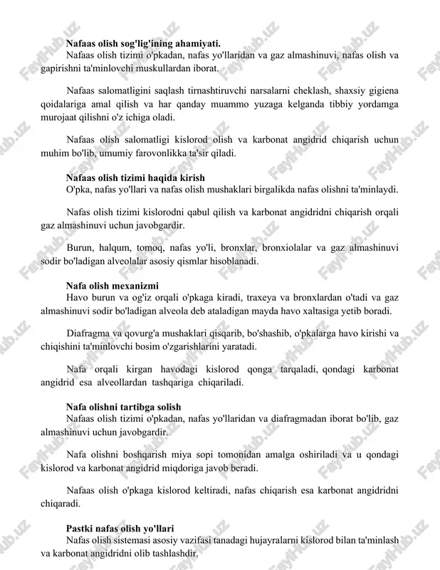va nafas olish mushaklari birgalikda nafas olishni ta'minlaydi. nafas olish tizimi kislorodni qabul qilish va karbonat angidridni chiqarish orqali gaz almashinuvi uchun javobgardir. burun, halqum, tomoq, nafas yo'li, bronxlar, bronxiolalar va gaz almashinuvi sodir bo'ladigan alveolalar asosiy qismlar hisoblanadi. nafa olish mexanizmi havo burun va og'iz orqali o'pkaga kiradi, traxeya va bronxlardan o'tadi va gaz almashinuvi sodir bo'ladigan alveola deb ataladigan mayda havo xaltasiga yetib boradi. diafragma va qovurg'a mushaklari qisqarib, bo'shashib, o'pkalarga havo kirishi va chiqishini ta'minlovchi bosim o'zgarishlarini yaratadi. nafa orqali kirgan havodagi kislorod qonga tarqaladi, qondagi karbonat angidrid esa alveollardan tashqariga chiqariladi. nafa olishni tartibga solish nafaas olish tizimi o'pkadan, nafas yo'llaridan va diafragmadan iborat bo'lib, gaz almashinuvi uchun javobgardir. nafa olishni boshqarish miya sopi tomonidan amalga oshiriladi va u qondagi kislorod va karbonat angidrid miqdoriga javob beradi. nafaas olish o'pkaga kislorod keltiradi, nafas chiqarish esa karbonat angidridni chiqaradi. pastki nafas olish yo'llari nafas olish sistemasi asosiy …