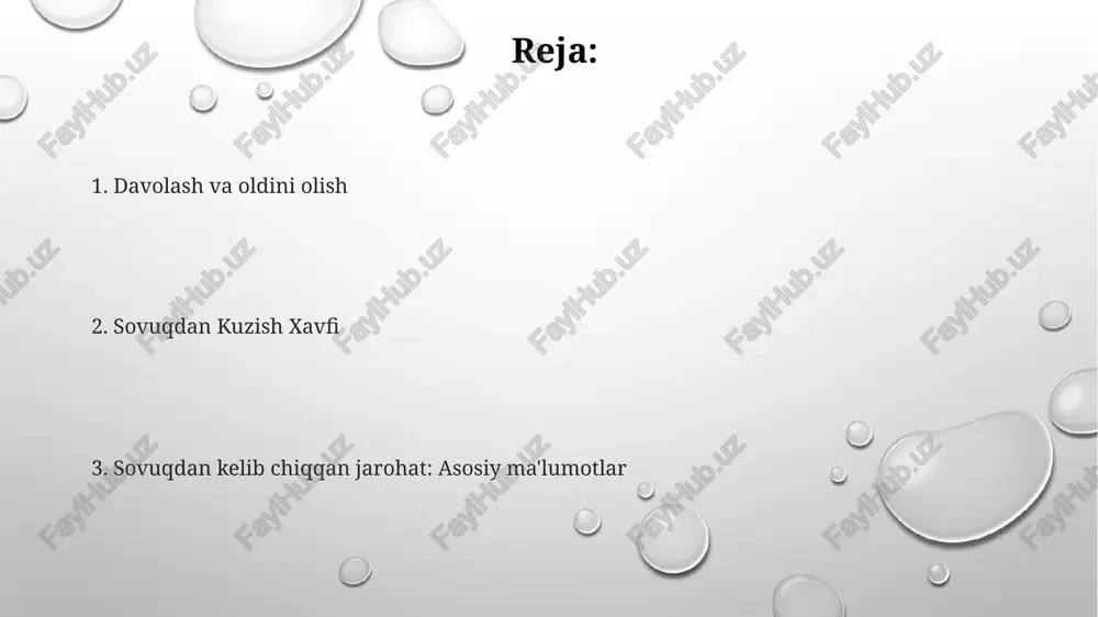 ojaat qiling. sovuqdan kelib chiqqan jarohat jiddiy shikastlanish boʻlib, tanangizga doimiy zarar yetkazishi mumkin. sovuqqa tegish alomatlari sovuq urish alomatlari: uyqusizlik, qichishish, og'riq, terining rangi o'zgarishi (oq, kulrang yoki sariq). sovuq urish terining va ostidagi to'qimalarning muzlashi natijasida kelib chiqadigan shikastlanishdir. xavf omillari: sovuq havo, shamol, uzoq vaqt ta'sir etish, qon aylanishining yomonlashishi va ba'zi tibbiy holatlar. sovuqdan kelib chiqadigan jarohatlar haqida tadqiqot sovuqdan kelib chiqadigan to'qimalarning shikastlanishi. belgilarga uyqusizlik, qichishish va teri rangining o'zgarishi kiradi. ta'sirlangan joyni isitish va tibbiy yordamga murojaat qilish kerak. sovuq urishning asoratlari asab shikastlanishi: karınqılik, qichishish yoki og'riqqa olib kelishi mumkin. ganga: qon oqimi yetishmasligi tufayli to'qimalarning o'lishi. infektsiya: bakteriyalar shikastlangan teriga osongina kirib boradi. harbiy xizmatda sovuqdan muzlash sovuqqa uzoq vaqt ta'sir qilish natijasida teri va ostidagi to'qimalar muzlab qolishi sovuq urish deb ataladi. asosiy ta'siri barmoqlar, oyoq barmoqlari, burun va quloqlar kabi o'ta qismlarga ta'sir qiladi. keksa yoshdagilar uchun sovuqdan kelib chiqqan …