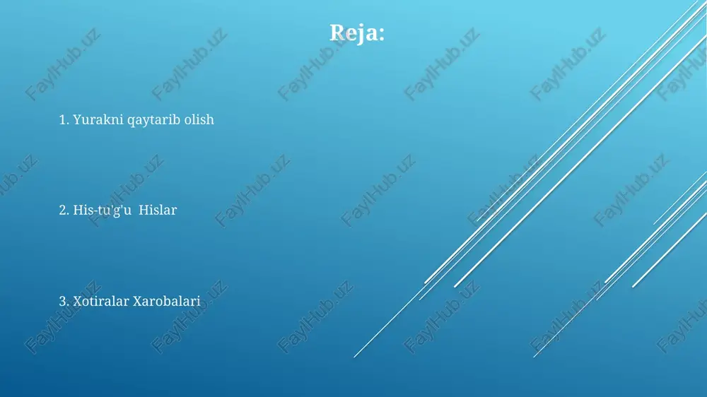 judligi haqida hikoya qiladi. shifo safar yo'qotish, qayg'u va travmaning uzoq muddatli ta'sirini o'rganish. hikoyachi katta o'zgarish yoki vayronagarchilikdan keyin hissiy holatini aks ettiradi. shaxsiy o'sish va hissiy tiklanish safari. zaiflikda kuch topish "zaiflikda kuch topish" zaiflikka duch kelish va uni yengishning hissiy sayohatini o'rganadi. sarlavha hissiy shifo va o'sish jarayonini taklif qiladi. "xarobalar ichida qoldirgan hislarim" - bu o'tmishdagi yo'qotish yoki travma tajribasining izlarini aks ettiradi, bu hissiy yaralarni qoldiradi. oldinga yo'qotish yoki katta o'zgarishlardan keyin oldinga siljish. o'tmishga bog'liq tuyg'ularning davom etishi. biror narsani orqada qoldirib ketish hissi va uning ta'siri. yurakni yengillatish hissiy yukdan xalos bo'lish, qayg'u va yo'qotishni qayta ishlash. hislar bilan qayta bog'lanish, o'tmish xarobalari ichida tasalli topish. vahshatdan keyin qolgan izlarni o'rganish, o'zining bir qismini orqada qoldirish. yo'qolgan aloqalar ajralish hissiyotlariga olib keladigan psixologik va ijtimoiy omillarni hal qilish. hayotda chuqurroq aloqalar va ma'no yaratish uchun strategiyalar va yechimlarni taklif qilish. zamonaviy yolg'izlik va …