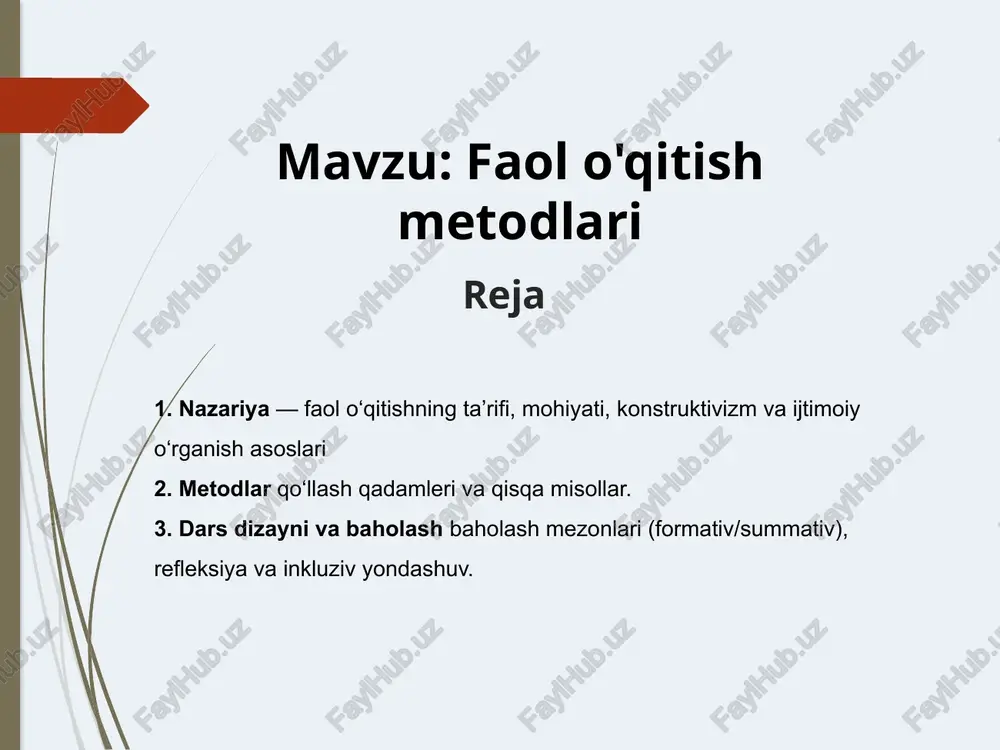 ftlikda taqqoslash va dalillash (3–4 daqiqa); (c) sinf bilan bo‘lishish. baholash mezoni: javobning dalilliligi, aniq va qisqaligi, sherik fikrini hisobga olish. tavsiyalar: savollarni aniq formulalang, vaqtni timer bilan boshqaring, 2–3 juftlikdan namuna javob oling. jigsaw (bo‘laklab o‘rganish) maqsad: murakkab mavzuni qismlarga ajratib, chuqur o‘zlashtirish va ijtimoiy javobgarlikni oshirish. qadamlar: (a) mavzuni bo‘laklarga ajratish; (b) “mutaxassislar” guruhlari bir bo‘lakni puxta o‘zlashtiradi; (c) aralash guruhlarda bir-biriga o‘rgatish. baholash mezoni: har bir bo‘lakning to‘g‘ri va tushunarli taqdimoti, savollarga javob bera olish. tavsiyalar: har bo‘lak uchun yo‘l-yo‘riq varaqasi bering; yakunda qisqa viktorina bilan yakuniy tushunishni tekshiring. keys-stadi (case study) maqsad: real yoki model vaziyatda muammo tahlili, muqobil yechimlar ishlab chiqish va qaror qabul qilish. qadamlar: vaziyatni o‘qish → faktlar va muammolarni ajratish → mezonlar bo‘yicha yechimlar solishtirish → tavsiya etilgan qarorni asoslash. baholash mezoni: dalillilik, mantiqiy tahlil, risk va cheklovlarni ko‘ra olish. tavsiyalar: qisqa, lekin ma’noli keys tanlang; rol taqsimoti (masalan, “mijoz”, “mutaxassis”) muhokamani …