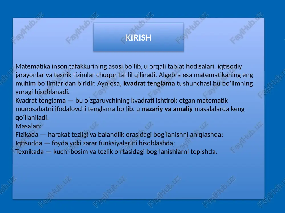 mavzu o‘quvchilarga analitik fikrlash, mantiqiy tahlil, va masalalarni yechish usullarini o‘rgatadi. kvadrat tenglamalarni o‘rganish orqali biz: tenglamalarning ildizlarini aniqlash usullarini o‘zlashtiramiz; diskriminant yordamida ildizlar sonini baholashni bilib olamiz; vyet formulasi orqali tezkor yechim topish ko‘nikmasini hosil qilamiz; kvadrat tenglama grafigi — parabola haqida bilimga ega bo‘lamiz. image1.png /docprops/thumbnail.jpeg