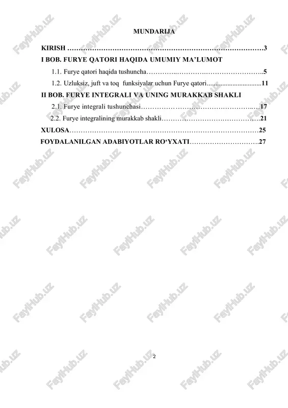 a siz har qandaytebranuvchi jarayonlarni minimaldan maksimalgacha va orqaga qarab ketadigan sinusoidal komponentlar qatori sifatida ifodalash orqali funktsiyalarni ajratishingiz mumkin. furye konvertatsiyasi - ma'lum bir chastotada sinusoidlarning fazasi va amplitudasini tavsiflovchi funktsiya. ushbu jarayon issiqlik, yorug'lik yoki elektr energiyasi ta'sirida yuzaga keladigan dinamik jarayonlarni tavsiflovchi juda murakkabtenglamalarni echishda ishlatilishi mumkin. shuningdek, furye seriyasi murakkab tebranuvchi signallarda doimiy 3 komponentlarni ajratib ko'rsatishga imkon beradi, shu tufayli olingan tibbiyot, kimyo va astronomiya bo'yicha olingan eksperimental kuzatuvlarni to'g'ri talqin qilish mumkin bo'ldi. kursishining maqsadi. talabalarga furye qatorlari mavzusini o’qitishning ijtimoiy psixologik xususiyatlarini ilmiy-nazariy tahlil etib xulosalash va tavsiyalar ishlab chiqish. kursishining obyekti. talabalarga furye qatorlari mavzusini ijtimoiy psixologik xususiyatlarini tahlil etish jarayoni. kursishining predmeti. . talabalarga furye qatorlari mavzusini o’qitishning o’qitishning ijtimoiy psixologik xususiyatlarini shakllantirishning mazmuni, shakl, usul va vositalari. kurs ishining tarkibiy tuzulishi vahajmi: kirish, 2 bob, 4 paragraf, xulosa va foydalanilgan adabiyotlardan iborat. 4 i bob. furye qatori haqida umumiy ma’lumot …
