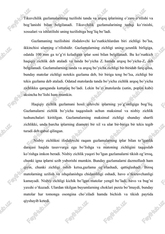 o’tkazadi. ulardan tikilgan buyumlarning choklari puxta bo’lmaydi, bunday matolar har tomonga osongina cho’ziladi hamda bichish va tikish paytida qiyshayib ketedi. matolarning o’rilishi deb, tanda va arqoq iplarining ma’lum tartibda o’zaro bog’lanishiga aytiladi. tanda va arqoq iplarining o’rilishini ko’rsatuvchi shaklga o;rilish naqshi deyiladi. o’rilish jarayonida hosil bo’luvchi naqshning takrorlanishi rapport (r) deb ataladi. tanda ipi matoning sirtiga chiqib arqoq ipining ustini qoplashi tanda qoplanishi deb ataladi. arqoq ipi matoning sirtiga chiqib tanda ipining ustini qoplashi arqoq qoplanishi deb ataladi. matolar o’rilishi katak qog’ozga chiziladi. bunda har qaysi ko’ndalang qator arqoq iplari deb, har qaysi bo’ylama qaotor tanda iplari deb qabul qilingan. har bir katak tanda va arqoq iplarining kesishuvidan iborat. bu joyda tanda qoplanishi bo’lsa, o’rilish naqshni chizish paytida katak bo’yab qo’yiladi. agar arqoq qoplanishi bo’lsa katak oqligicha qoldiriladi. matolar o’rilishi bo’yicha quyidagicha sinflanadi: 1. oddiy yoki bosh o’rilishlar 2. mayda gulli o’rilishlar 3. murakkab o’rilishlar 4. yirik gulli jakkard o’rilishlar …