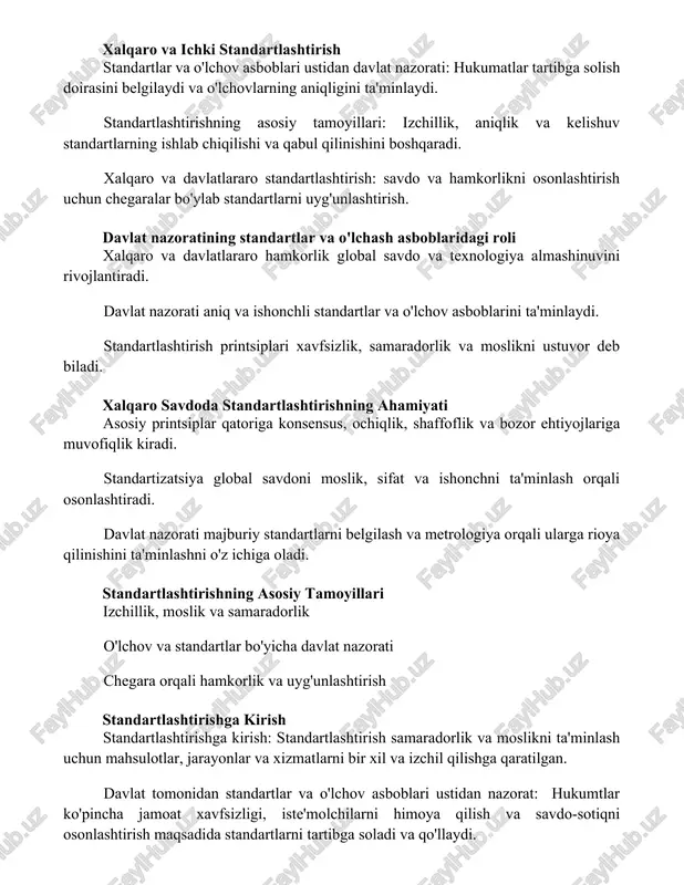 lari: izchillik, aniqlik va kelishuv standartlarning ishlab chiqilishi va qabul qilinishini boshqaradi. xalqaro va davlatlararo standartlashtirish: savdo va hamkorlikni osonlashtirish uchun chegaralar bo'ylab standartlarni uyg'unlashtirish. davlat nazoratining standartlar va o'lchash asboblaridagi roli xalqaro va davlatlararo hamkorlik global savdo va texnologiya almashinuvini rivojlantiradi. davlat nazorati aniq va ishonchli standartlar va o'lchov asboblarini ta'minlaydi. standartlashtirish printsiplari xavfsizlik, samaradorlik va moslikni ustuvor deb biladi. xalqaro savdoda standartlashtirishning ahamiyati asosiy printsiplar qatoriga konsensus, ochiqlik, shaffoflik va bozor ehtiyojlariga muvofiqlik kiradi. standartizatsiya global savdoni moslik, sifat va ishonchni ta'minlash orqali osonlashtiradi. davlat nazorati majburiy standartlarni belgilash va metrologiya orqali ularga rioya qilinishini ta'minlashni o'z ichiga oladi. standartlashtirishning asosiy tamoyillari izchillik, moslik va samaradorlik o'lchov va standartlar bo'yicha davlat nazorati chegara orqali hamkorlik va uyg'unlashtirish standartlashtirishga kirish standartlashtirishga kirish: standartlashtirish samaradorlik va moslikni ta'minlash uchun mahsulotlar, jarayonlar va xizmatlarni bir xil va izchil qilishga qaratilgan. davlat tomonidan standartlar va o'lchov asboblari ustidan nazorat: hukumtlar ko'pincha jamoat …
