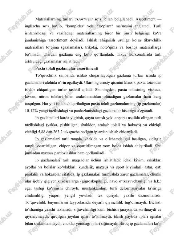 havo o‘tkazuvchanligi va h.k.) ega, tashqi ko‘rinishi chiroyli, mustahkamligi, turli deformatsiyalar ta’siriga chidamliligi yuqori, yengil yuviladi, tez quriydi, yaxshi dazmollanadi. to‘quvchilik buyumlarini tayyorlashda deyarli qiyinchilik tug‘dirmaydi. bichish to‘shamiga yaxshi taxlanadi, siljuvchanligi kam, bichish jarayonida surilmaydi va qiyshaymaydi, qirqilgan joydan iplari to‘kilmaydi, tikish paytida iplari ignalar bilan shikastlanmaydi, choklar yonidagi iplari siljimaydi. biroq ip gazlamalari ko‘p g‘ijimlanadi, ishqalanishga chidamliligi kam, yuvganda kirishadi. mana shu xususiyatlarni yaxshilash uchun ip gazlamalari paxta va sintetik tolalar aralashmasidan ishlab chiqariladi. keng tarqalgan ip gazlamalarning tavsiflari. amaliy preyskurantga turmushda va texnikada ishlatiluvchi 1300 dan ortiq artikuldagi ip gazlamalar kiritilgan bo‘lib, ular 17 guruhga ajratilgan. bulardan eng keng ishlatiladiganlari 1-6 guruhlarni tashkil qiladi. birinchi guruh — chit gazlamalar — klassik ip gazlamalardan biri. uni ishlab chiqarish hajmi bo‘yicha ayollar va erkakiar ko‘ylagibop gazlamalardan keyin 2-o‘rinda turadi. chit polotno o‘rilishda tanda va arqoq yo‘nalishi chiziqli zichligi 15,4-20 teks bo‘lgan karda yigirish usulida olingan iplardan ishlab chiqariladi. chitlarning eni …