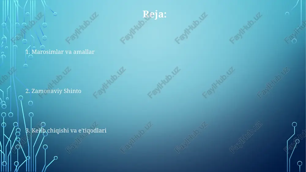 kni ustuvor deb biladi, torii darvozalari va pagodalar kabi o'ziga xos xususiyatlarga ega. shintoizm tabiatga sig'inishga chuqur ildiz otgan, tabiiy elementlarda mavjud bo'lgan kami deb atalgan ruhlarni hurmat qiladi. shinto san'ati tabiat va soddalikka urg'u beradi, ma'badlarda yog'och va tosh kabi materiallarni ishlatadi. ziyoratgohlar va marosimlar marosimlar tozalash, qurbonlik va ibodatni o'z ichiga oladi. shinto tabiat bilan uyg'unlikni va ajdodlarga hurmatni ta'kidlaydi. ma'badlar kami, tabiiy ruhlar yoki xudolarga bag'ishlangan. imperator va shinto shinto, "xudolar yo'li" degan ma'noni anglatadi, yaponiyaning tubjoy dini bo'lib, tabiatga sig'inish va ajdodlar ruhlariga e'tibor qaratadi. imperator shinto dinida muqaddas hisoblangan quyosh xudosi amaterasuning avlodi hisoblanadi. imperatorning shintodagi roli ramziy va ruhiy boʻlib, xudo bilan xalq oʻrtasidagi bogʻlovchi boʻlib xizmat qiladi. shinto dinining itiqodlari va amaliyotlari ajdodlarga hurmat: vafot etgan ajdodlarni hurmat qilish va ular bilan bog'lanish. tabiatga sig'inish: tabiiy elementlarda yashovchi ruhlarga (kami) hurmat. marosiy tozalash: nopokliklarni yo'qotish va poklikni saqlash uchun tozalash marosimlari. kami: shintodagi …