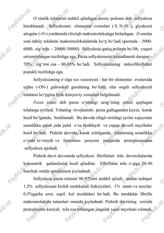 esa toblangan jingalak yassi naychani eslatadi. paxta tolasini tabiiy spiralsimon jingalakligi fibrillalarni spiralsimon joylashishi bilan bog‘liq. jingalaklik darajasi va devorchalar qalinligi tolaning pishganligiga bog‘liq bo‘ladi. pishgan tolalar tekis yoki kam toblangan yassi tasma ko‘rinishiga ega, ularni pishiqligi past, elastikligi kam bo‘ladi, ular yomon bo‘yaladi. pishib utgan tolalar esa qalin devorli, pishiqligi yuqori, to‘g‘ri (jingalaksiz) shaklda va qattiq bo‘ladi. bunaqa tolalarni to‘qimachilikda ishlatib bo‘lmaydi. pishganlik darajasiga qarab 11 guruhga bo‘linadi: 0-dan (pishmagan tola) 5gacha (pishib utgan) 0,5 interval bilan. eng yaxshi to‘qimachilikda ishlatiladigan tolalar 2,0-3,5 pishganlik darajasi bilan beriladi. tolalarning uzunligiga qarab kalta tolali 27 mmgacha, o‘rta tolali 27-35 mmgacha va uzun (ingichka) tolali 35-50 mmgacha paxta farqlanadi. kalta tolalar asosan noto‘qima polotno va sun’iy tola olish uchun ishlatiladi. zig‘ir tolasi olish uchun maxsus zig‘ir o‘simligi yetishtiriladi. u bir yillik bo‘lib, buyi 80-90 sm va diametri 1-2 mmgacha yetadi. zig‘ir o‘simligini asosan shimolga yaqin zonalarda yetishtiradilar. zig‘ir poyasining qobiq qatlamida ikki …