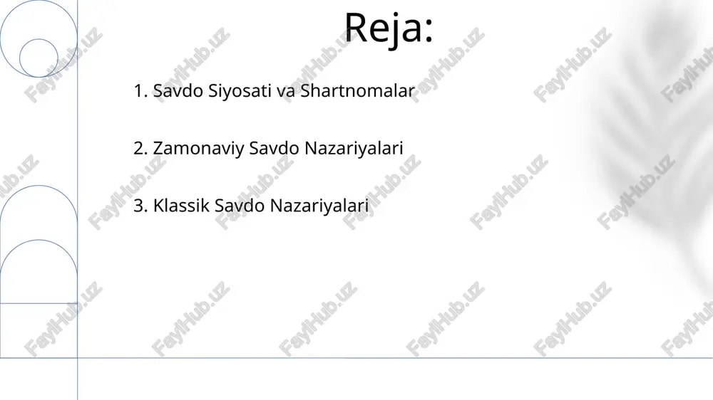 dorda mavjud bo'lgan ishlab chiqarish omillaridan foydalanadigan tovarlarni ishlab chiqarishga ixtisoslashadi. mahsulot hayoti sikli nazariyasi: mahsulotning raqobatbardosh ustunligi vaqt o'tishi bilan rivojlanish, o'sish, yetuklik va pasayish bosqichlaridan o'tayotganida qanday o'zgarishini tushuntiradi. 8. mutlaq ustunlik heksher-ohlin nazariyasi: mamlakatlar ko'p miqdorda mavjud bo'lgan ishlab chiqarish omillarini ishlatadigan tovarlarni eksport qiladi. mutlaq ustunlik: bir mamlakat boshqa mamlakatga nisbatan biror mahsulotni samaraliroq ishlab chiqarishi mumkin. 9. porterning olmos modeli faktor sharoitlari: millatning resurslari (mehnat, kapital, infratuzilma) uning raqobatbardosh ustunligiga ta'sir qiladi. bog'liq va qo'llab-quvvatlovchi tarmoqlar: bog'liq tarmoqlarning kuchli klasteri ishlab chiqarish va innovatsiyalarni rivojlantirishda afzalliklar beradi. 10. yangi savdo nazariyasi savdo iste'molchilar uchun mahsulotlarning xilma-xilligini oshirishga va narxlarni pasaytirishga olib kelishi mumkin. miqyos iqtisodiyoti va o'sib boruvchi miqyosga nisbatan daromadlar savdoni rag'batlantiradi. 11.hecksher-ohlin nazariyasi omillar taqsimotining farqi (masalan, mehnat, kapital) xalqaro savdoni boshqaradi. savdo barcha mamlakatlarga foyda keltiradi, chunki ular nisbatan samarali ishlab chiqaradigan tovarlarga ixtisoslashish imkonini beradi. 12.xalqaro savdo haqida kirish xalqaro savdo …