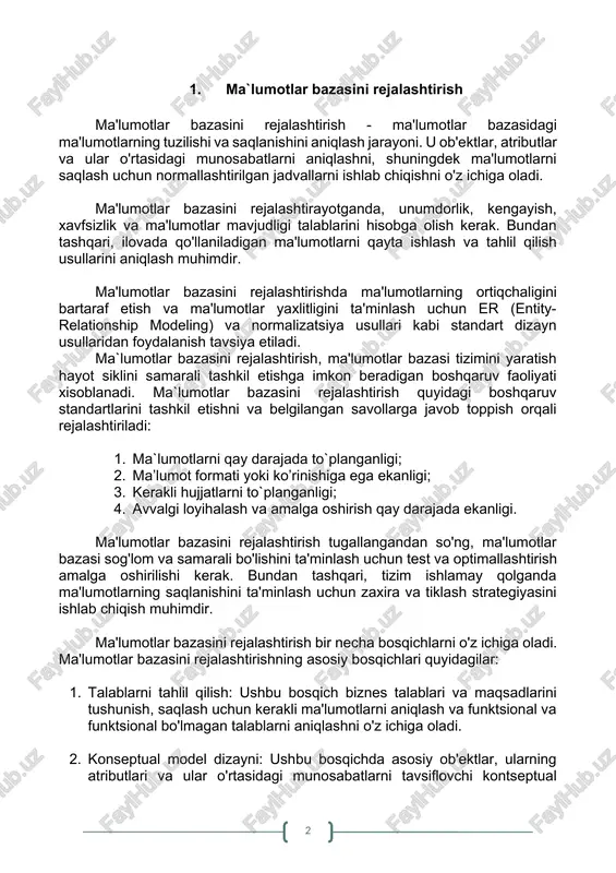 n zaxira va tiklash strategiyasini ishlab chiqish muhimdir. ma'lumotlar bazasini rejalashtirish bir necha bosqichlarni o'z ichiga oladi. ma'lumotlar bazasini rejalashtirishning asosiy bosqichlari quyidagilar: 1. talablarni tahlil qilish: ushbu bosqich biznes talablari va maqsadlarini tushunish, saqlash uchun kerakli ma'lumotlarni aniqlash va funktsional va funktsional bo'lmagan talablarni aniqlashni o'z ichiga oladi. 2. konseptual model dizayni: ushbu bosqichda asosiy ob'ektlar, ularning atributlari va ular o'rtasidagi munosabatlarni tavsiflovchi kontseptual ma'lumotlar bazasi modeli yaratiladi. ko'pincha kontseptual modelni tasavvur qilish uchun ob'ekt-munosabat diagrammalaridan foydalaniladi. 3. mantiqiy model dizayni: konseptual model asosida mantiqiy ma'lumotlar bazasi modeli yaratiladi. u jadval sxemalarini, atributlarini, asosiy va tashqi kalitlarni hamda jadvallar orasidagi munosabatlarni belgilaydi. 4. fizik modelni loyihalash: ushbu bosqichda mantiqiy model ma'lumotlar bazasining fizik modeliga aylantiriladi. har bir atribut uchun ma'lumotlar turlari aniqlanadi, indekslar optimallashtiriladi va tegishli ma'lumotlar omborlari (masalan, jadvallar, indekslar, ko'rinishlar) tanlanadi. 5. ma'lumotlarni normallashtirish: bu ma'lumotlar orasidagi ortiqcha va noto'g'ri bog'liqliklarni bartaraf etish orqali ma'lumotlar bazasini optimallashtirish …