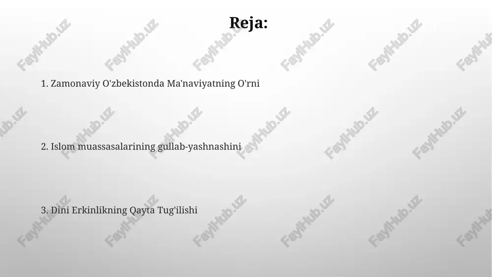 i soni ko'payib, ruhiy amaliyotlarga yangi e'tibor qaratilmoqda. hukumətning ma'naviy hayotdagi roli o'zbekiston hukumati individual erkinlikni hurmat qilgan holda an'anaviy islom qadriyatlarini targ'ib qiladi. hukumatiy islom ta'limi va muassasalari rivojini rag'batlantiryapti va dinlararo muloqotni qo'llab-quvvatlaydi. din erkinligi va uyg'onish hukumat dinlararo muloqot va madaniy almashinuvni rag'batlantiryapti. islom amaliyotlarining, ayniqsa yosh avlod orasida, qayta tiklanishi kuzatilmoqda. dinlararo muloqot va bag'rikenglik o'zbekiston fuqarolari ruhoniy o'zgarishlardan o'tib, turli diniy an'analarga ochiqroq va hurmat bilan qarashni boshlayapti. dini rahbarlar o'zaro tushunish va hurmatni targ'ib qilish uchun hamkorlik qilmoqdalar, bu esa diniy ekstremizmning kamayishiga olib keladi. e'tiboringiz uchun rahmat @taqdimot_robot image3.png image4.jpg image5.jpg image6.jpg image7.jpg image8.jpg image9.jpg image10.jpg image11.jpg image12.jpg image1.png