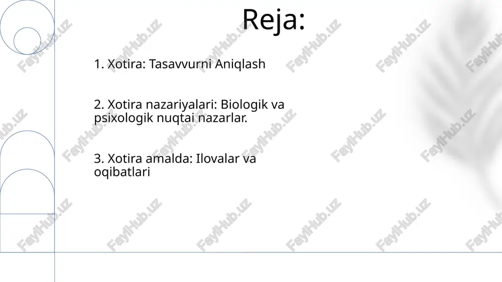 a ishlanadi, saqlanadi va olinishi mumkin. 7. xotirani mustahkamlash va unutish qisqa muddatli xotiralarni uzoq muddatli saqlashga o'tkazish jarayoni xotirani mustahkamlash deb ataladi. unutish pasayish, aralashuv yoki qayta chaqirish muvaffaqiyatsizligi tufayli yuz berishi mumkin. 8. xotirāga kirish xotirā'ning oxiratdagi roli aniq emas, lekin marhumning amallarini hukm qilish uchun eslab qolish bilan bog'liq bo'lishi mumkin. xotirā qadimgi misr mifologiyasida xotirani ifodalovchi va ko'pincha ma'buda sifatida tasvirlangan tushunchadir. 9. sxema nazariyasi sxema nazariyasi: bilimimizni tashkil qiluvchi va ma'lumotni qanday talqin qilishimizga ta'sir qiluvchi aqliy ramkalar. xotira haqida nazariyalar: kodlash, saqlash va qayta chaqirishning biologik va kognitiv mexanizmlarini o'rganish. 10. xotira multi-saqlash modeli xotira ko'p omborli modeli xotiraning uchta alohida omboridan tashkil topganligini ta'kidlaydi: sensorli xotira, qisqa muddatli xotira va uzoq muddatli xotira. xotira (xotira) haqidagi nazariyalar ilmiy jamoatchilik tomonidan keng tan olinmagan yoki qabul qilinmagan. bu mavzu bo'yicha tadqiqotlar cheklangan. 11.xotira nazariyalarini qo'llash samarali foydalanuvchi interfeyslarini loyihalash: xotira nazariyalari foydalanuvchilar uchun qulay …