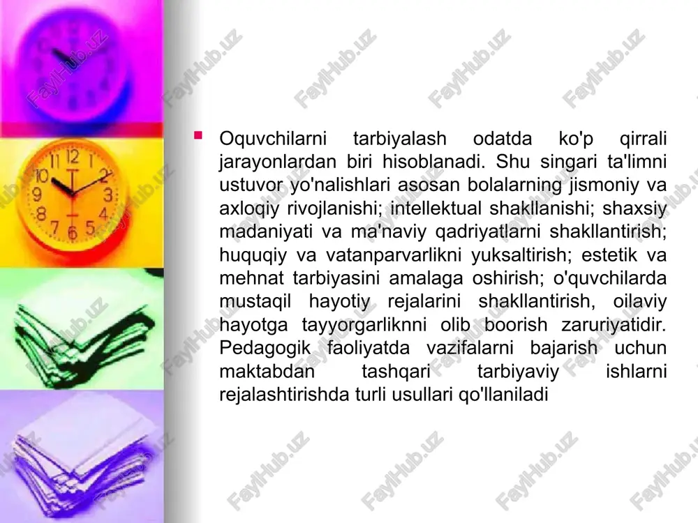 vchilarning vatanga oid bilimlarini kengaytirish, ularning mustaqil fikrlash, kuzatish, tahlil qilish ko‘nikmalarini rivojlantirish ham ko‘zda tutiladi. mazkur darsda o‘quvchilarga vatanga bag‘ishlangan she’rlar, hikoyalar va xalq og‘zaki ijodidan namunalar o‘qib eshittiriladi, ular bilan suhbatlar tashkil qilinadi. o‘quvchilar dars davomida o‘z fikrlarini erkin ifodalashga, vatanga bo‘lgan munosabatlarini nutqiy shakllarda ifodalashga o‘rgatiladi. dars davomida interfaol usullardan foydalangan holda, o‘quvchilarning darsga faol jalb etilishi ta’minlanadi. shunday qilib, mazkur dars orqali o‘quvchilarda vatanparvarlik tuyg‘ulari shakllanadi, ularda yurt taqdiriga befarq bo‘lmaslik, o‘z ona yurtini asrab-avaylash, milliy qadriyatlarni hurmat qilish kabi hislar mustahkamlanadi. dars bolalarning ongida “vatan – bu mening eng muqaddas, eng aziz maskanim” degan fikrni shakllantirishga xizmat qiladi.
