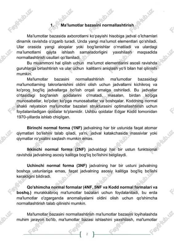iga bog'liq bo'lishini belgilaydi. uchinchi normal forma (3nf) jadvalning har bir ustuni jadvalning boshqa ustunlariga emas, faqat jadvalning asosiy kalitiga bog'liq bo'lishi kerakligini bildiradi. qo'shimcha normal formalar (4nf, 5nf va kodd normal formalari va boshq.) murakkabroq ma'lumotlar bazalari uchun foydalaniladi, bu erda ma'lumotlar o'zgarganda anomaliyalarni oldini olish uchun qo'shimcha normallashtirish talab qilinishi mumkin. ma'lumotlar bazasini normallashtirish ma'lumotlar bazasini loyihalashda muhim jarayon bo'lib, ma'lumotlar bazasi ishlashini yaxshilash, ma'lumotlar yaxlitligini ta'minlash va ma'lumotlarga kirishni osonlashtirishga yordam beradi. hozirgi kunda axborot tizimlari ishlab chiqaruvchilar ma’lumotlarni uchinchi normal formada tasvirlab ishlatishni taklif etadilar. 2. funksional bog‘lanishlar va ularning turlari ma'lumotlar bazasidagi funktsional bog’lamishlar - jadvaldagi ma'lumotlar o'rtasidagi bog'liqlikni belgilaydigan jadval atributlari o'rtasidagi munosabatlardir. ular ma'lumotlar bazasida kalitlar va yaxlitlik cheklovlarini aniqlash uchun ishlatiladi. masalan ikkita a va b atributlari orasidagi funksional bog'liqlik b atributining qiymati a atributining qiymatiga bog'liqligini bildiradi. shunday qilib, agar a atributining qiymati o'zgarsa, b atributining qiymati ham o'zgaradi. funktsional bog'liqlik …