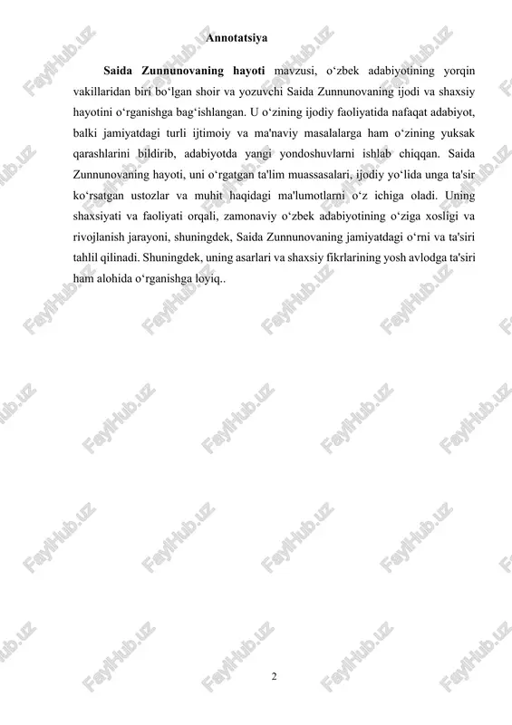 n qiziqish va mehrni bolalikdan boshlagan saida zunnunova, ijodiy faoliyatida faqatgina she'riyat bilan cheklanib qolmay, o‘zining ichki dunyosini va ijtimoiy haqiqatni ifodalashga intilgan. uning she'rlari va asarlari nafaqat estetik go‘zalligi, balki ijtimoiy va ma'naviy muammolarni o‘rtaga qo‘yishi bilan ham ahamiyatli. saida zunnunovaning hayoti va ijod yo‘li, o‘zbek adabiyotining rivojlanishiga qo‘shgan muhim hissasini, uning ijodiy mehnatining mevalarini va zamon o‘zgarishlariga bo‘lgan javobini o‘rganishga muhim imkoniyat yaratadi. ushbu mavzu, uning o‘zgacha she'riyati, adabiyotga bo‘lgan sadoqati va hayotiy pozitsiyasini to‘liq tushunishga yordam beradi. asosiy qism 1. saida zunnunovaning hayoti va ijodi saida zunnunovaning hayoti va ijodi o‘zbek adabiyotining yorqin va betakror shaxsiyatlaridan biri sifatida alohida o‘rin egallaydi. u o‘zining asarlari bilan nafaqat o‘zbek she'riyatini, balki umumiy adabiyotning rivojlanishiga ham katta hissa qo‘shgan shoir va yozuvchidir. hayoti: saida zunnunova 1950-yil 14-yanvarda toshkent shahrida tug‘ilgan. u bolalik davridan boshlab, adabiyotga katta qiziqish bilan qaragan va bu sohada o‘zining ijodiy qobiliyatlarini namoyon eta boshlagan. saida zunnunova …
