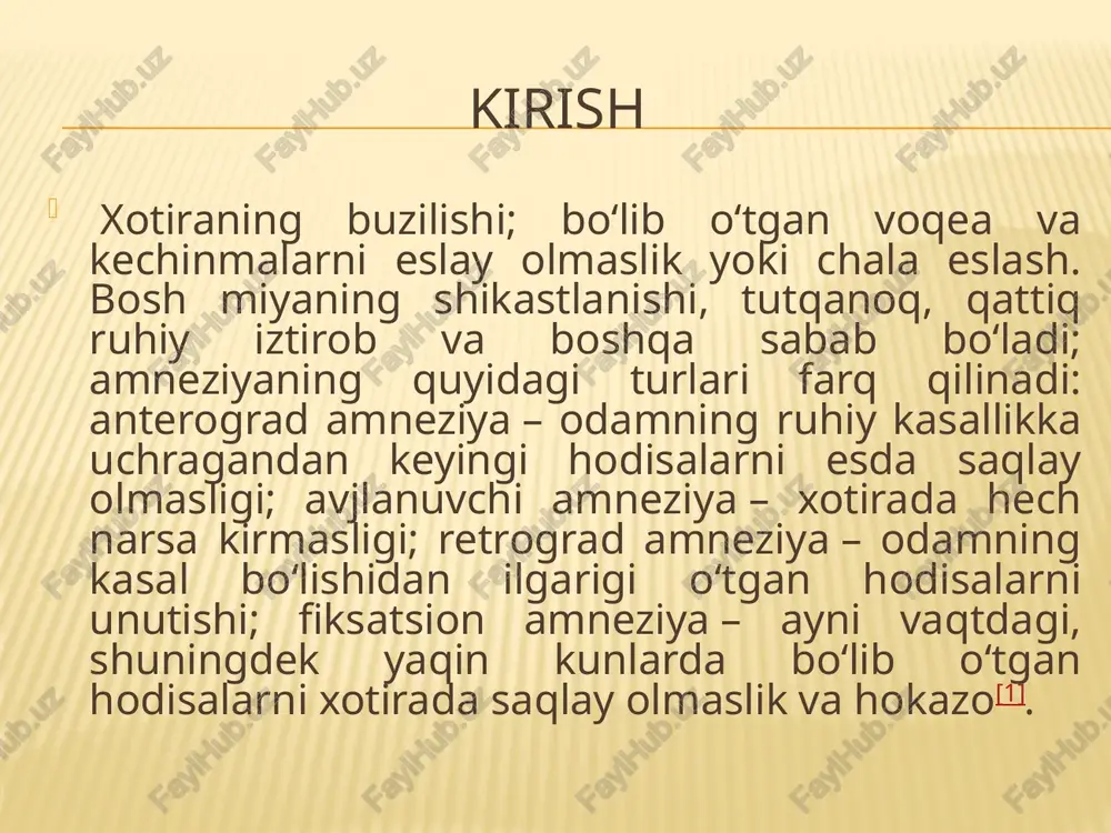 ko'payishi yomonlashadi. xotira buzilishlarining axborotni saqlashning buzilishi axborotni saqlashni buzish axborotni qayta ishlab chiqarishni buzish xotira buzilishlarining turlari miqdoriy xotira buzilishi ( gipermneziya , gipomneziya , amneziya) sifatli xotira buzilishlari ( paramneziya, tanishlik tuyg'usining buzilishi ) gipermneziya psixologik - manik holatda odamning xotirasida uzoq vaqt unutilgan voqealar paydo bo'ladi. shunday qilib, bemorlar bolalik davridagi voqealarni batafsil eslashadi, she'rlarni yoddan o'qiydilar va psixotik holatdan chiqqandan so'ng , ular og'riqli holatda aniq eslab qolgan narsalarni takrorlay olmaydilar. ko'pincha delirious stupefaktsiyaning dastlabki bosqichida kuzatiladi . gipermneziya eksantrik (xotiraning ayrim turlarini kuchaytirish) epizodik (hissiy jihatdan muhim voqealar eng kichik tafsilotlargacha eslab qolinadi) gipomneziya organik (qon tomir, atrofik miya kasalliklari, oldingi tbi oqibatlari, neyroinfeksiyalar va boshqalar) xotiraning zaiflashishi hozirgidan o'tmishga yo'nalishda tarqaladi ( ribot qonuni ). ikkinchisi yangi olingan bilim va tajriba hayotning dastlabki davridagi voqealarni xotirada saqlashda birinchi navbatda azoblanishida namoyon bo'ladi. xotiraning zaiflashishining birinchi ko'rinishlaridan biri bu insonga hozirgi vaqtda zarur bo'lgan xotira …