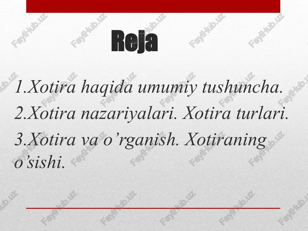 mokda. anna shu kontsepsiyaga muvofik esda olib qolish, esda saqlash va qayta esga tushirish jarayonlarining amalga oshirilishi sub`ekt faoliyatida anna shu material qanday o’rinda turishi bilan belgilanadi. xotiraning har xil turlarini ajratishda eng umumiy asos qilib xotira harakteristikasining esda olib qolish va qayta esga tushirish jarayonlari amalga oishiriladigan faoliyat xususiyatlariga bog’liqligi olinadi. bunda xotiraning ayrim turlari uchta asosiy mezonga muvofiq ravishda bo’linadi. ko’proq faoliyatda ko’rinadigan psixik aktivlik harakteriga qarab, xotirani harakat, emotsional obrazli, va mantiqiy xotira turlariga bo’linadi. faoliyat maqsadi harakteriga ko’ra, ixtiyorsiz va ixtiyoriy xotira turlariga bo’linadi. materialni qancha vaqt esda olib qolish va esda saqlsh muddatiga qarab (faoliyatda xotiraning roli va o’rni jixatidan) qisqa muddatli, uzok muddatli va operativ xotira turlariga bo’linadi. inson faoliyatining har xil turlarida psixik aktivlikning turlicha ko’rinishlari ustun turishi mumkin. masalan, harakat emotsional, sensor inteluktal psixik aktivlik turlari. anna shu psixik aktivlik turlairning har biri tegishli harakatlar va ularning maxsulotlarida ifodalanadi. harakatlarda xissiyotlarda, obrazlarda, …