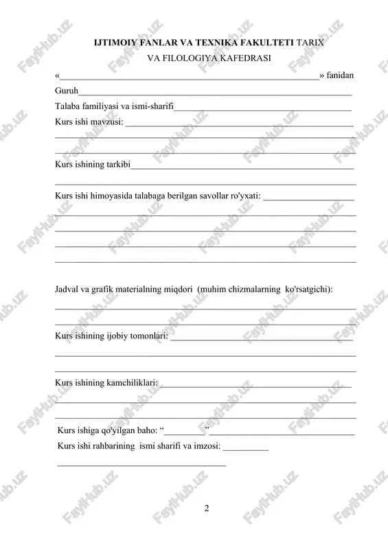 _________________________________________ __________________________________________________________________ kurs ishining kamchiliklari: __________________________________________ __________________________________________________________________ __________________________________________________________________ kurs ishiga qo'yilgan baho: “_________”________________________________ kurs ishi rahbarining ismi sharifi va imzosi: __________ _____________________________________ mundarija: kirish………………………………………………………….………………… 4 i – bob. xorazmshohlar davlati tarixi tarixshonosligi 9 1.1 afrigʻiylar …………………………………………..……………………… 9 1.2 anushteginlar sulolasi …………………………………………………. 14 ii – bob. oltuntosh shajarasi 20 2.1 maʼmuniylar ………………………….……………………………….…. 20 2.2 abbosiylar xalifaligi…..………………………………………………….. 27 xulosa…………………………………………………………………….…… 38 foydalanilgan adabiyotlar………………………………………….. 39 kirish saljuqiylar davlati. yaqin va o’rta sharq, qisman movarounnahrda saljuqiylar sulolasi boshqargan davlat (1038—1308). s.d.ga saljuqning nevarasi sulton tug’rulbek asos solgan. saljuq turklari ii-a.ning 20-y.larida harbiy xizmatlari evaziga xurosonda mahmud g’aznaviydan ko’plab mulklar olganlar. biroq keyinchalik g’aznaviylar ularga qarshi lashkar jo’natib, arslon isroil ibn saljuqnii asir olishgan va hindistondagi harbiy qal’ada tutqunlikda saqlashgan (1032 y. u hibsda o’lgan). saljuqiylar g’aznaviylarga qarshi olib borgan ko’plab muvaffaqqiyatli janglaridan so’ng nishopurni egallab, o’z rahbarlari tug’rulbek sulton deb e’lon qildilar (1038). dandanakon jangiadgi g’alabadan so’ng u xuroson hukmdori deb e’lon qilindi. asta-sekin saljuqiylar …