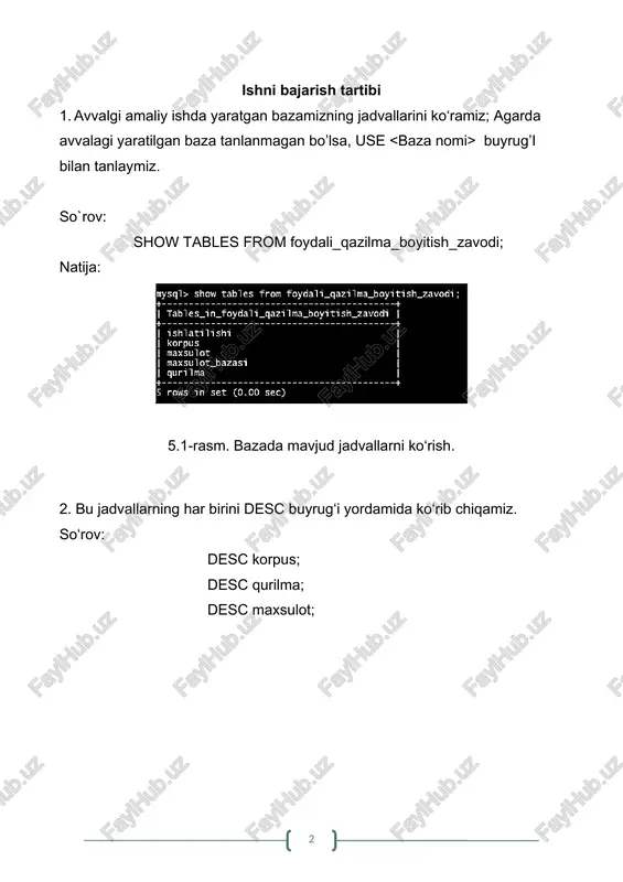 ect buyrug‘i yordamida natijani ko‘ramiz. insert into korpus values (1, ‘maydalash’), (2, ’yanchish’), (3, ‘flotatsiya’), (4, ‘quritish_va_quyish’); natija: 5.3.-rasm ma’lumotlarni jadvalga kiritish va jadvaldagi ma’lumotlarni ko’rish. 4.update va alter table add buyruqlari yordamida mavjud jadvallarni to‘ldiramiz; alter operatoridan foydalangan xolda jadvallarga qo’shimcha atributlar (ustunlar) qo’shish. so’rov: alter table maxsulot add qurilma_id int; alter table maxsulot add korpus_id int; natija: 5.4– rasm. alter operatoridan foydalanish 5.qurilma jadvalidan birinchida turgan qurilma nomi va idsini chiqaramiz; so`rov: select min(id) as ‘eng birinchi turgan qurilma’, qurilma_nomi from qurilma; natija: 5.5-rasm. min() funksiyasining qo‘llanishi. 6. qurilma jadvalidan oxirida turgan qurilma idsini chiqaramiz; so‘rov: select max(id) as ‘eng oxirida turgan qurilma’ from qurilma; natija: 5.6–rasm. max() funksiyasining qo‘llanishi. qurilma jadvalidan id si 2 va 4 oralig‘ida bo‘lgan qurilma ma’lumotlarini chiqaramiz. so‘rov: select *from qurilma where id between 2 and 4; natija: 5.7-rasm. between operatorining qo‘llanishi. 7. qurilma jadvalidagi qurilmalar sonini aniqlaymiz: so‘rov: select count(*) as ‘qurilma_soni’ …