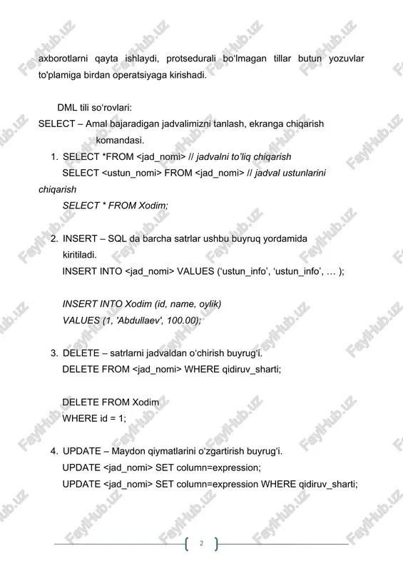 yruq yordamida kiritiladi. insert into values (‘ustun_info’, ‘ustun_info’, … ); insert into xodim (id, name, oylik) values (1, 'abdullaev', 100.00); 3. delete – satrlarni jadvaldan o‘chirish buyrug‘i. delete from where qidiruv_sharti; delete from xodim where id = 1; 4. update – maydon qiymatlarini o‘zgartirish buyrug‘i. update set column=expression; update set column=expression where qidiruv_sharti; update xodim set name = abdullaev, oylik = 200.00 where id = 1; and or not mantiqiy operatorlar and, or va not sql ning mantiqiy operatorlari bo'lib, ma'lumotlar bazasi jadvalidan ma'lumotlarni olish uchun uchun foydalaniladi. and operatori ikki yoki undan ortiq shartlarni birlashtirish uchun ishlatiladi, shunda ularning barchasi bajariladi. masalan: masalan: select * from tovar where narxi > 100 and miqdori 100 or miqdori 100; ushbu misolda "narx" ustunining qiymati 100 dan kichik yoki unga teng bo'lgan "tovar" jadvalidagi barcha qatorlarni tanlash uchun select buyrug'idan foydalaniladi. ishni bajarish tartibi 3-amaliy ishda yaratgan jadvallarni esga olamiz. endi o‘sha …
